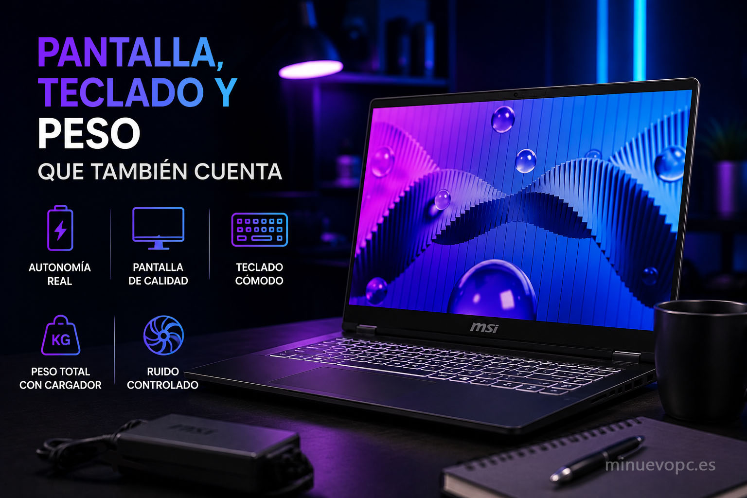 Portátil MSI abierto con pantalla, teclado retroiluminado y cargador sobre un escritorio, escena que resume calidad, autonomía, peso y ruido antes de comprar