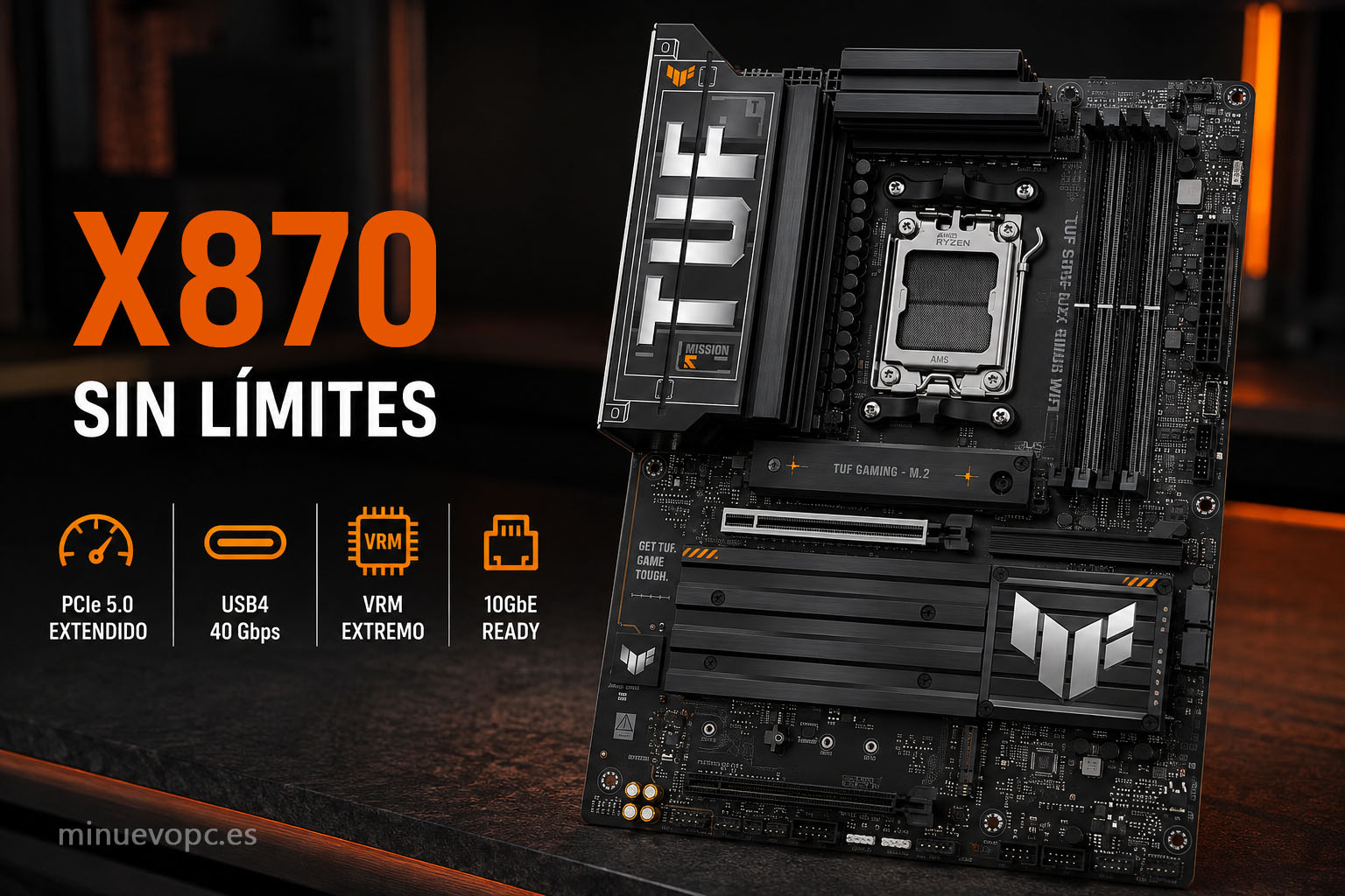 ASUS TUF Gaming X870-Plus WiFi en primer plano, una placa base AM5 de gama alta con PCIe 5.0, USB4 y VRM preparado para Ryzen 9