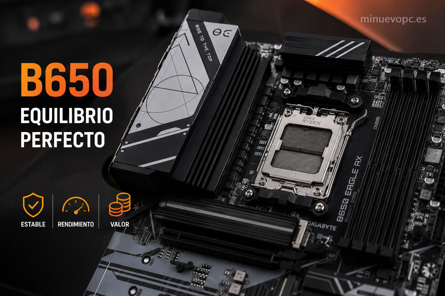Primer plano de la GIGABYTE B650 Eagle AX, con socket AM5, disipadores y ranuras M.2, una placa base B650 pensada para comprar sin pagar de más