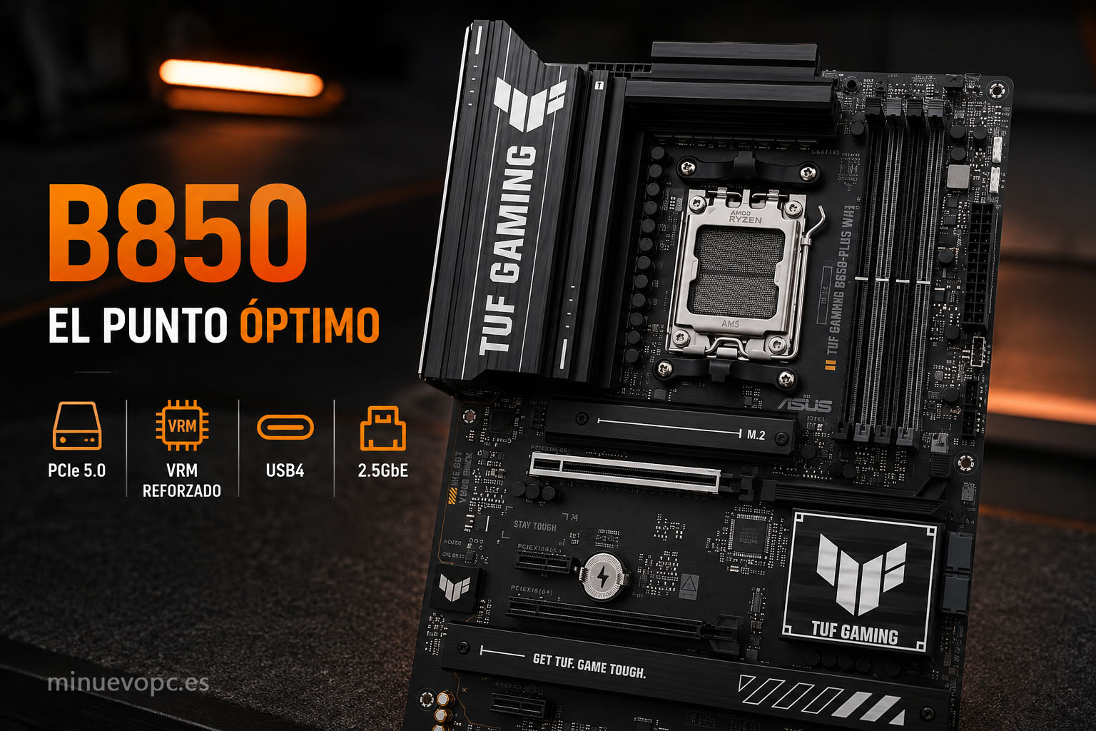 ASUS TUF Gaming B850-Plus WiFi en perspectiva, con socket AM5 y grandes disipadores, destacando su conectividad y equilibrio calidad-precio