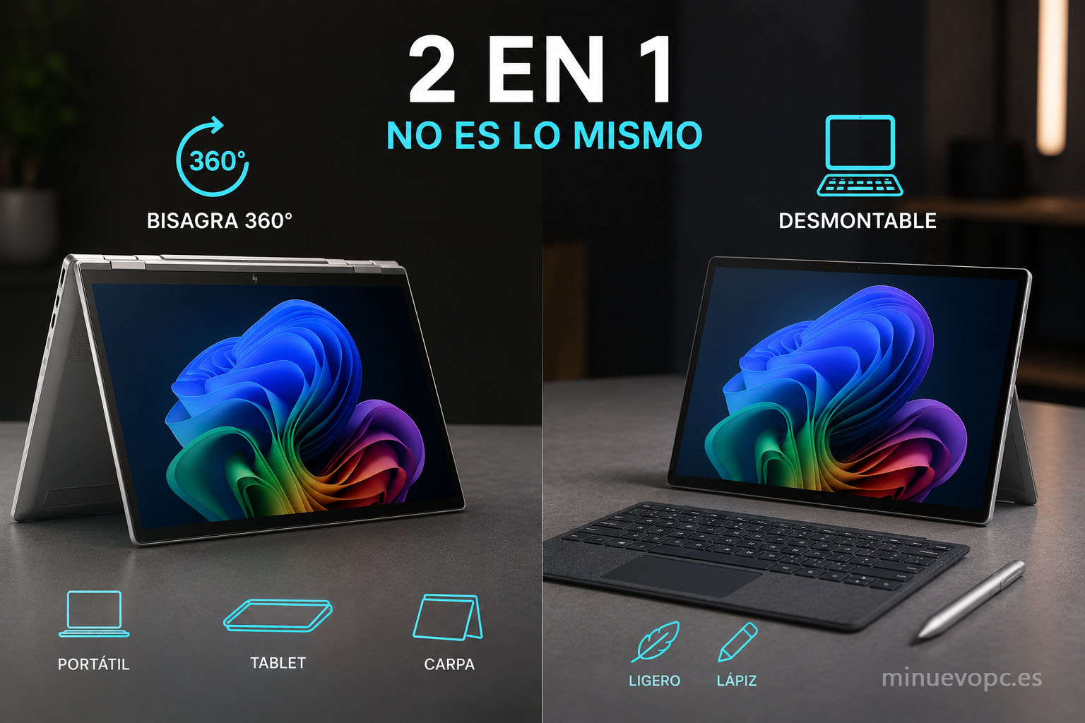 Comparativa visual entre portátil convertible con bisagra 360 grados y modelo desmontable para elegir según el tipo de uso