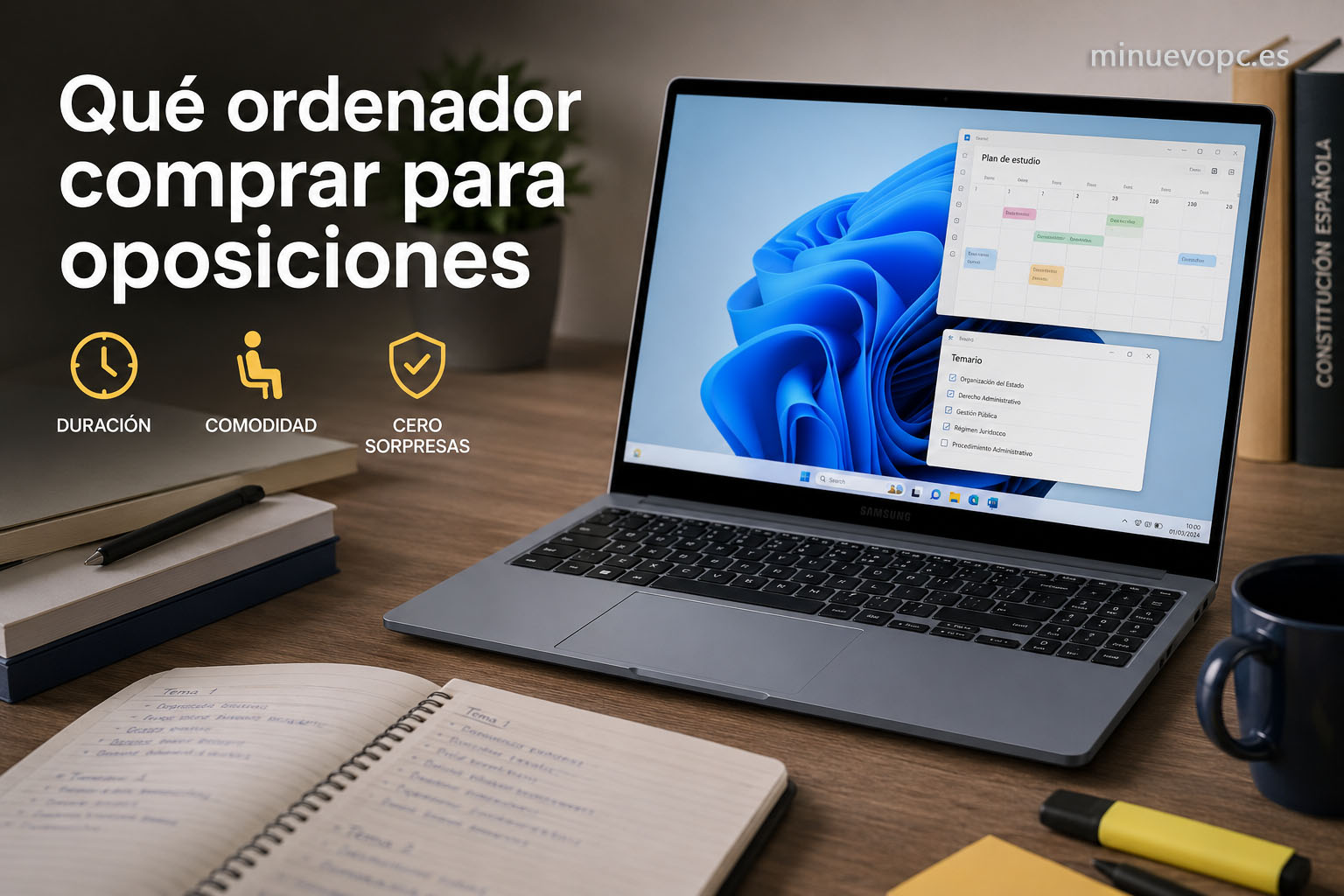 Portátil moderno mostrando memoria RAM y rendimiento, una guía visual sobre qué ordenador comprar para oposiciones y estudiar con comodidad