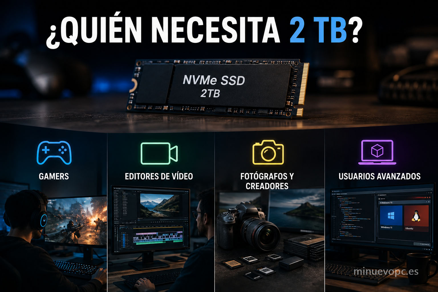 Diferentes usos del almacenamiento rápido para gaming, edición de vídeo, fotografía y máquinas virtuales