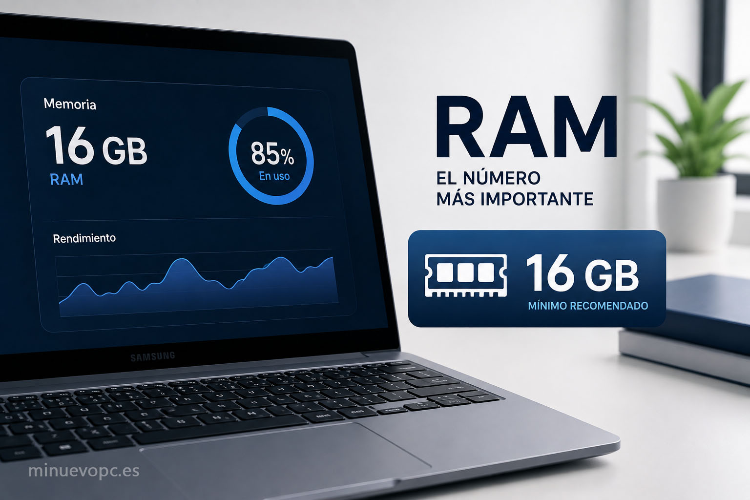 16 GB de RAM en un portátil, con gráficos de memoria y rendimiento que muestran la capacidad recomendada para estudiar oposiciones sin ralentizaciones