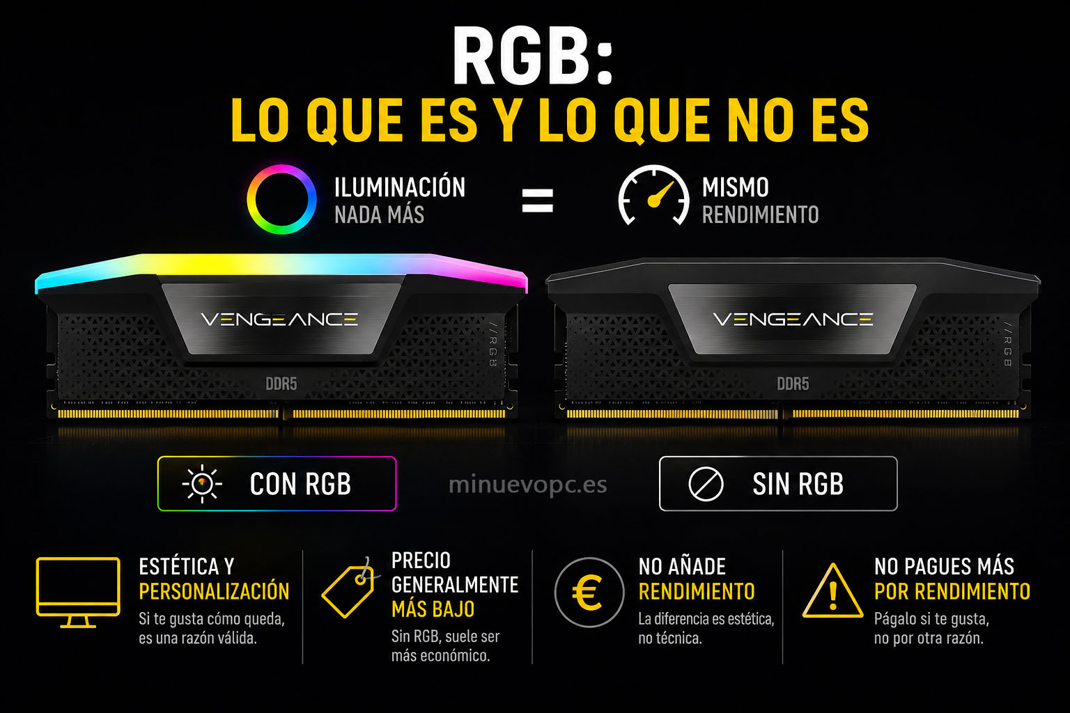Dos módulos Vengeance DDR5 comparan versiones con RGB y sin iluminación para mostrar que el diseño aporta estética, pero no rendimiento
