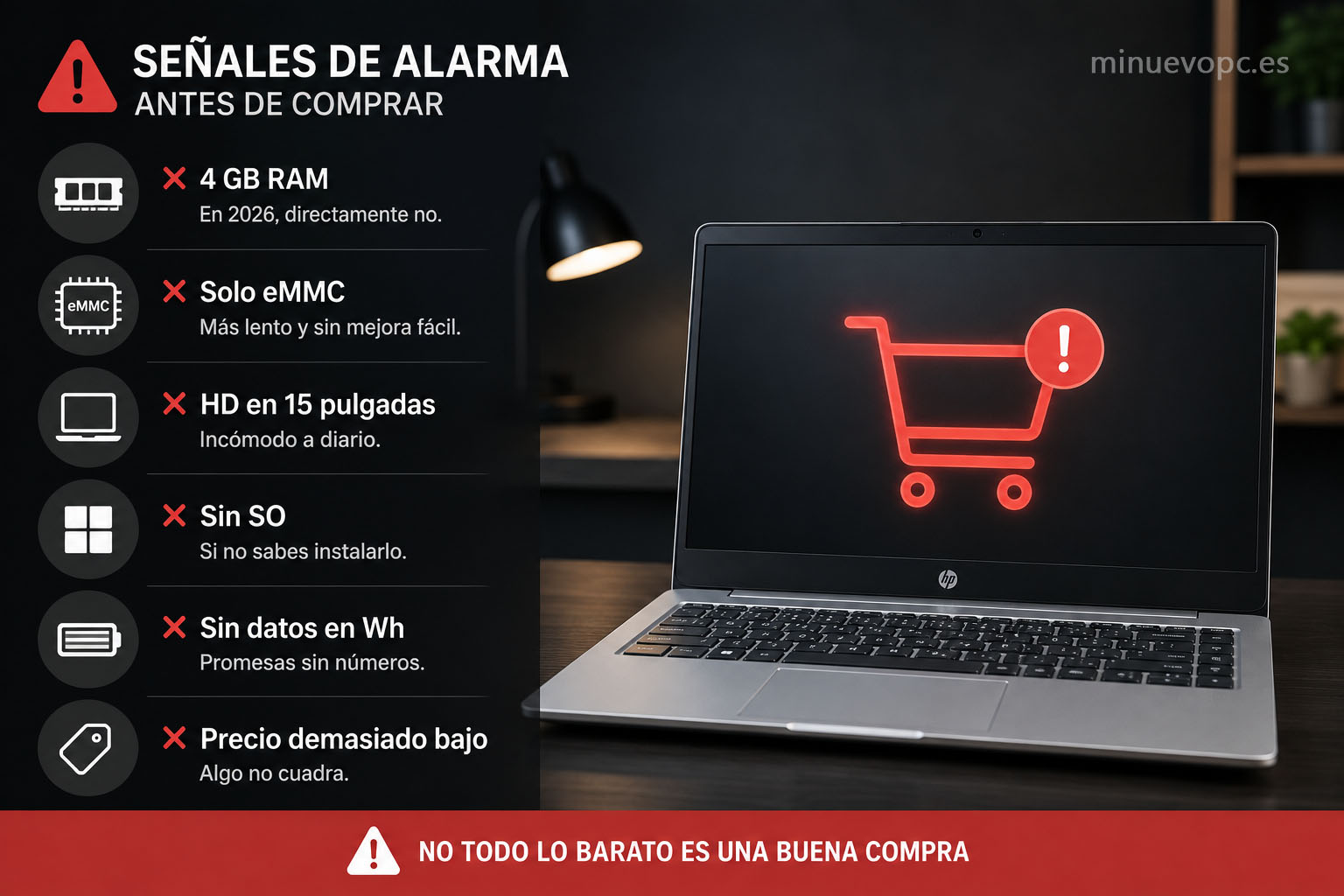 Señales de alarma al comprar un portátil barato: 4 GB de RAM, almacenamiento eMMC, pantalla HD y batería sin datos claros