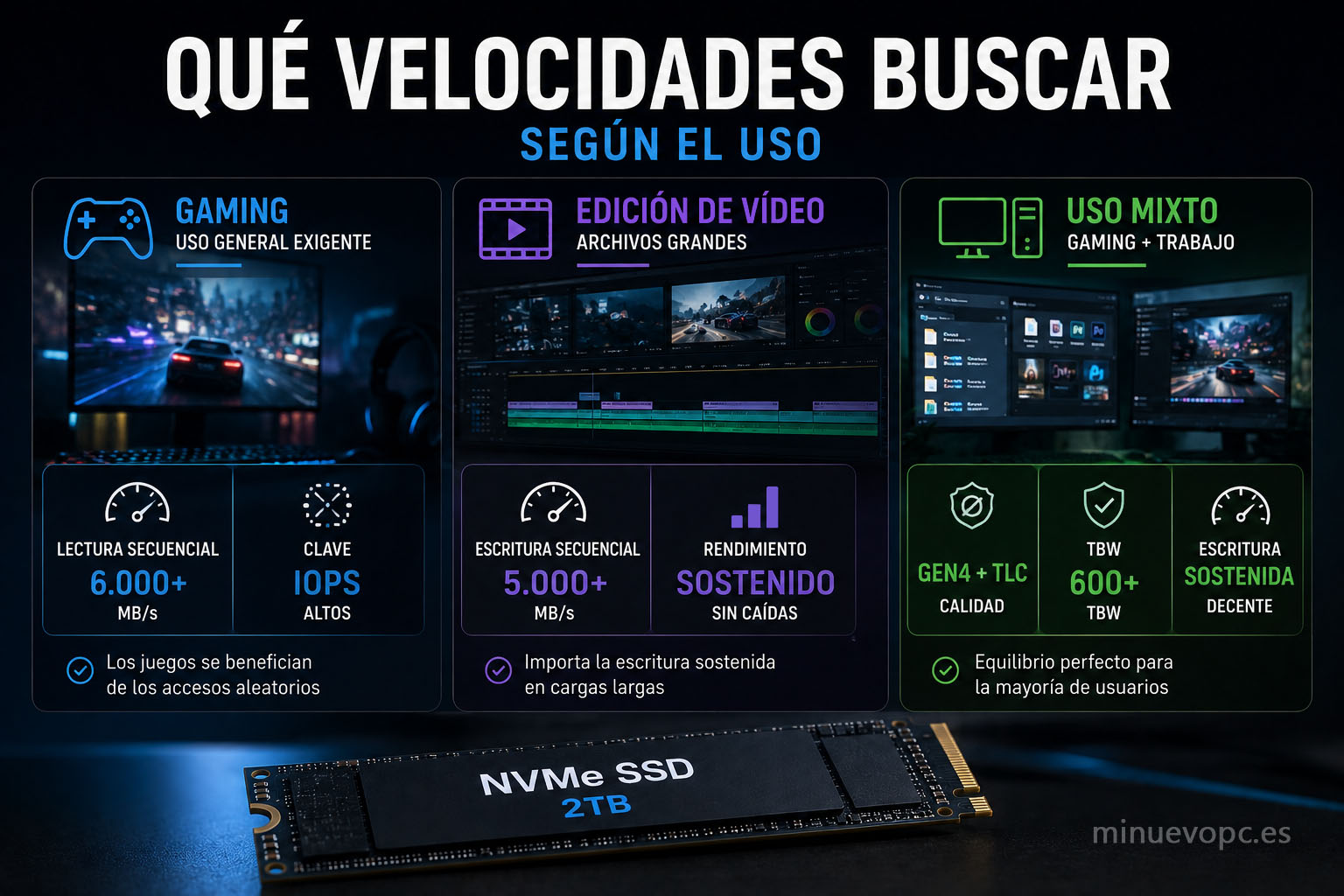Tres perfiles de almacenamiento para gaming, edición de vídeo y uso mixto con sus prioridades de rendimiento principales