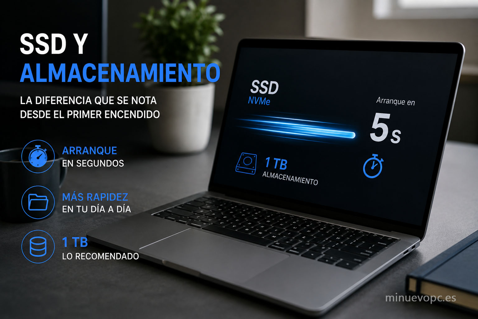 Portátil moderno con SSD NVMe de 1 TB y gráficos de velocidad, destacando el arranque rápido y la agilidad al abrir y guardar archivos de estudio
