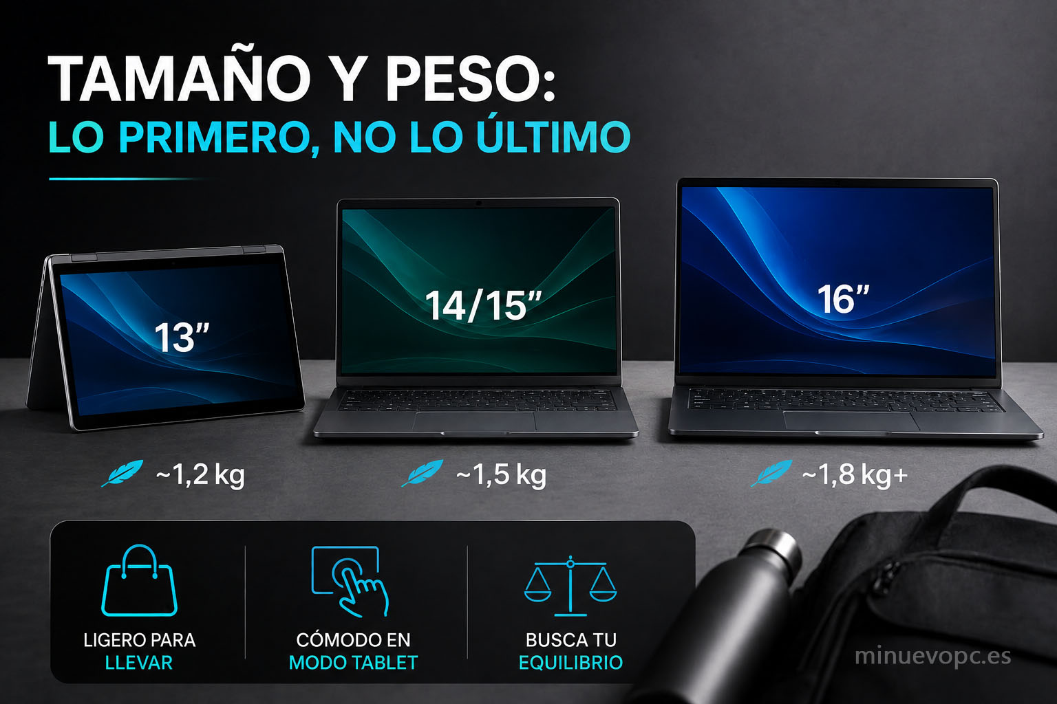 Tres portátiles convertibles de 13, 14/15 y 16 pulgadas comparan tamaño y peso para encontrar el mejor equilibrio entre movilidad y comodidad