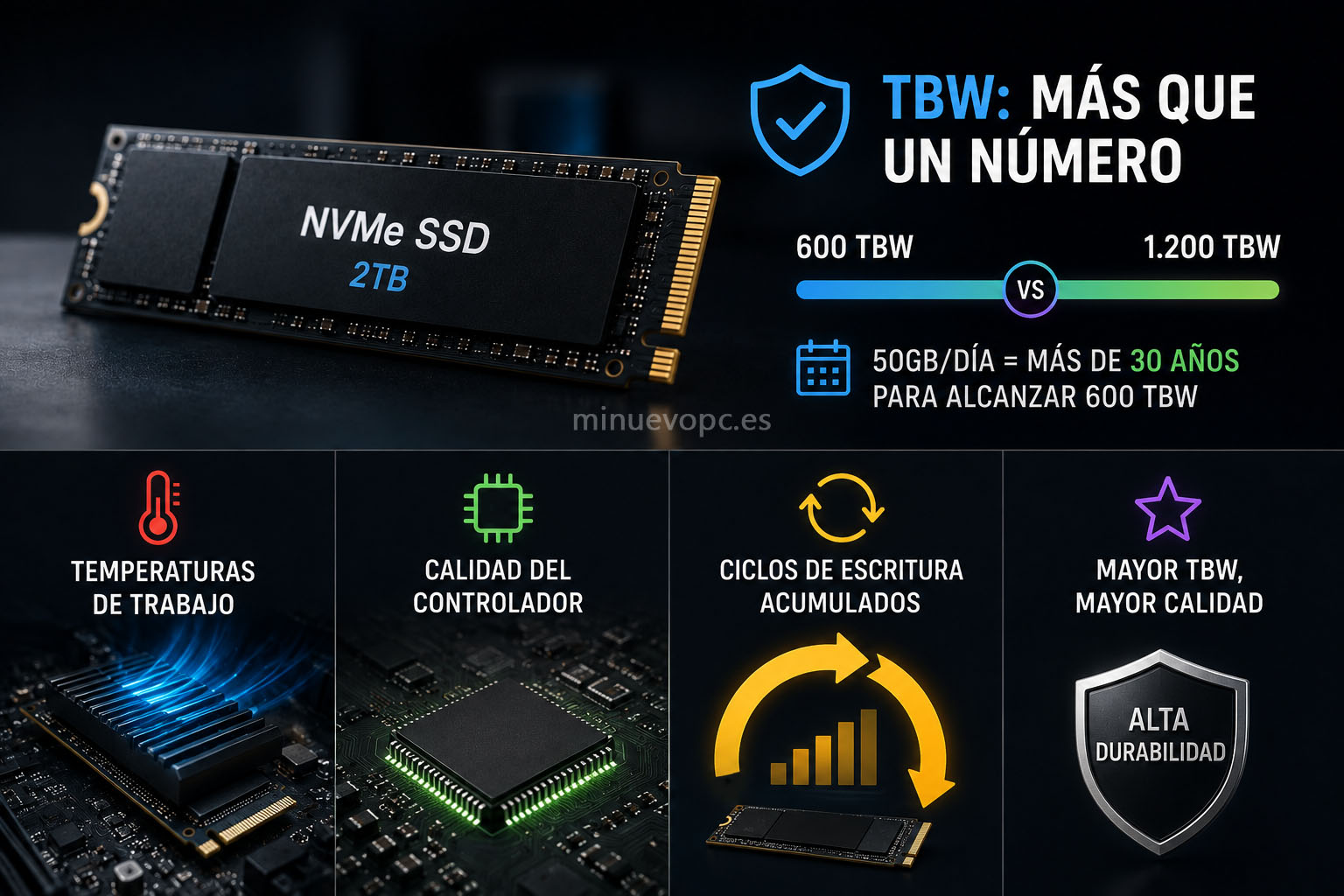 Indicadores de 600 y 1.200 TBW junto a un módulo de almacenamiento para comparar durabilidad y calidad de construcción
