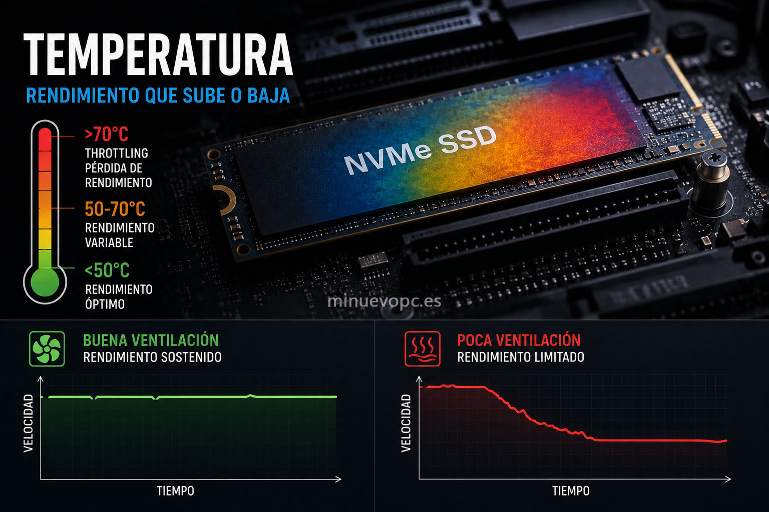 Módulo NVMe con mapa térmico que muestra cómo el calor puede reducir el rendimiento durante escrituras prolongadas