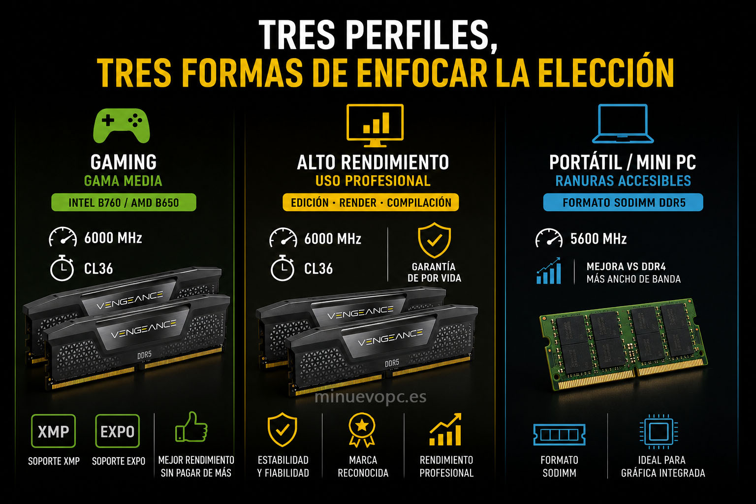Tres perfiles de memoria DDR5 comparan gaming, uso profesional y portátil con opciones DIMM 6000 MHz y SODIMM 5600 MHz según cada plataforma