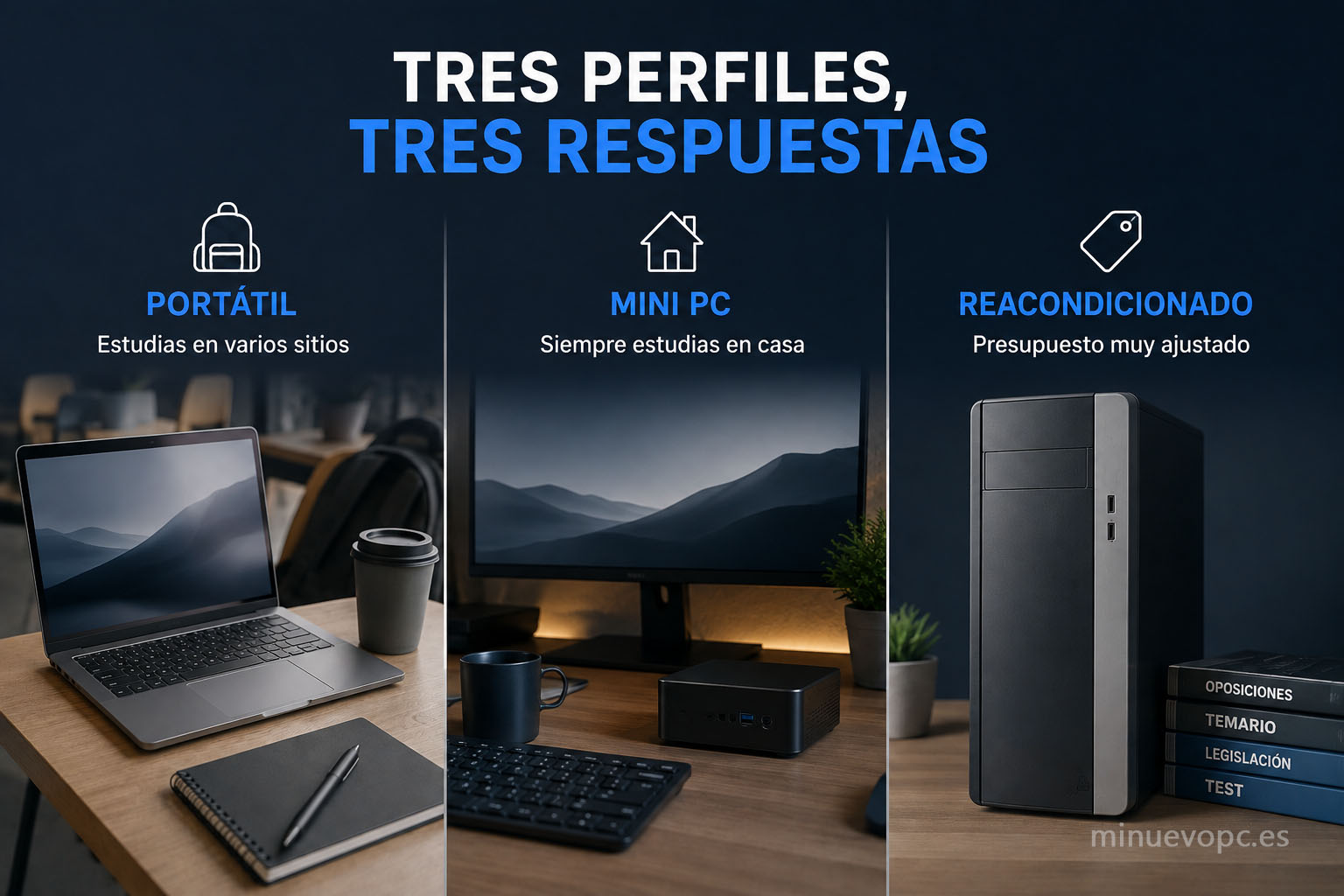 Tres puestos de trabajo muestran un portátil para estudiar fuera, un mini PC para casa y un ordenador reacondicionado según movilidad, comodidad y presupuesto