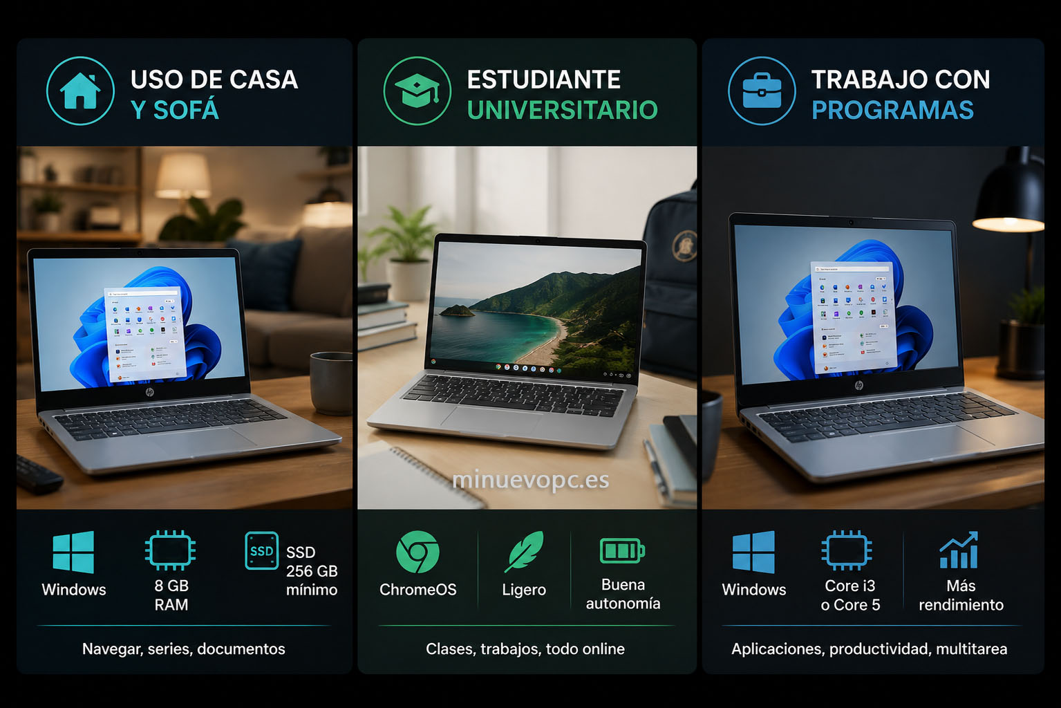 Tres perfiles de uso para comprar un portátil barato: casa, universidad y trabajo, con configuraciones adaptadas a cada necesidad