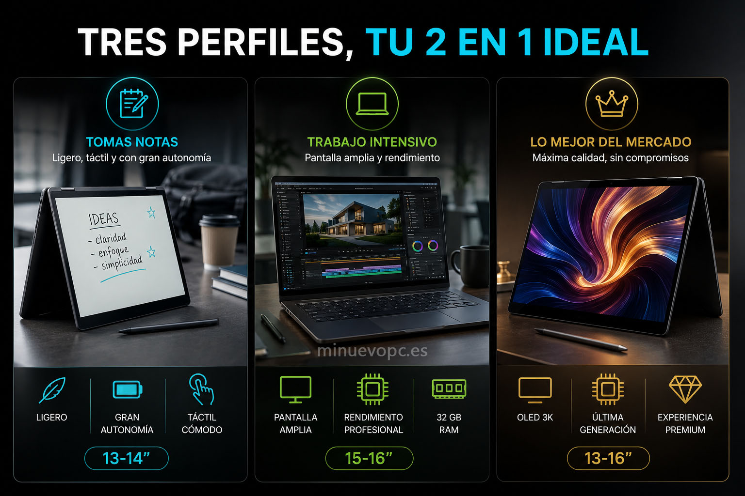 Tres perfiles de portátiles convertibles muestran opciones para tomar notas, trabajar con pantalla grande o elegir un modelo premium según cada uso