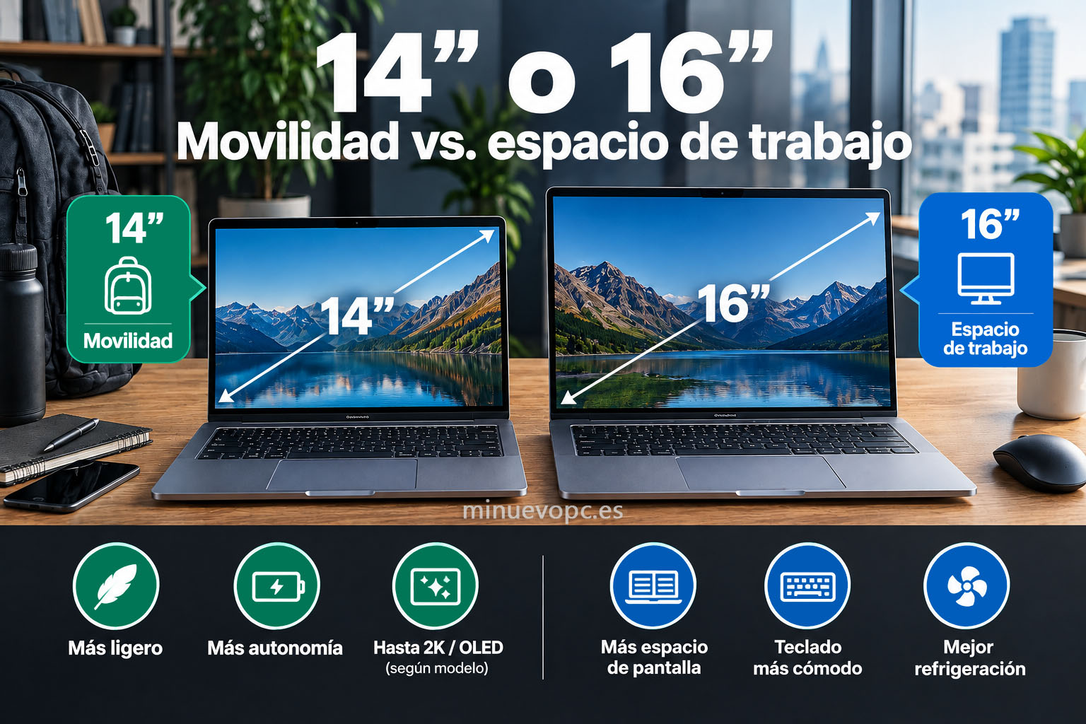 Portátiles de 14 y 16 pulgadas sobre un escritorio, comparando movilidad y espacio de pantalla