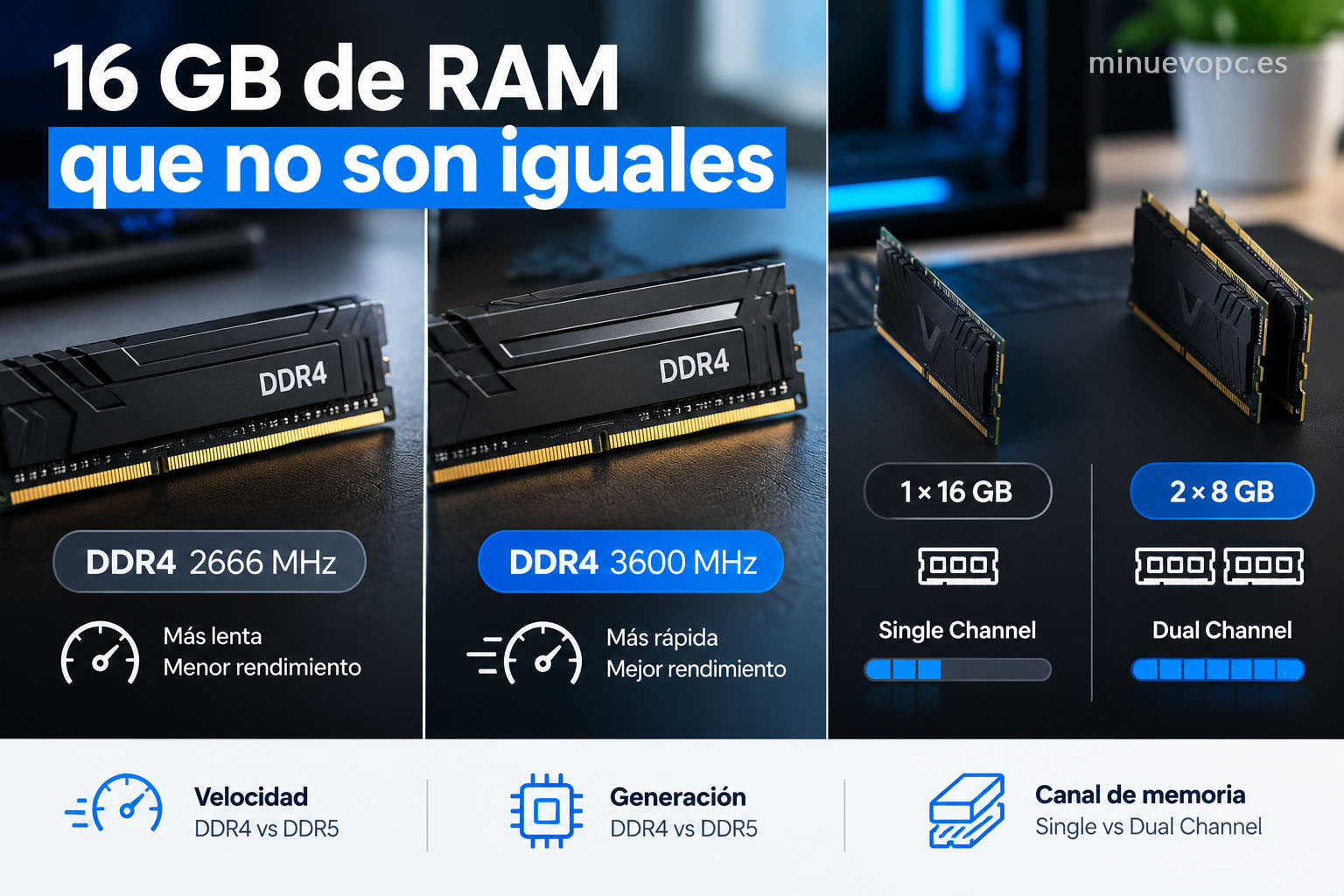 Módulos de memoria RAM DDR4 y configuraciones single channel y dual channel ilustran cómo la velocidad, la generación y el canal influyen al comprar un PC