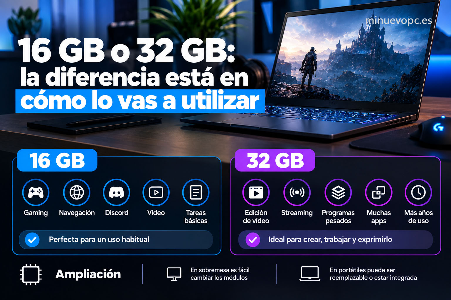Composición tecnológica que compara 16 GB y 32 GB de RAM para explicar qué capacidad resulta más adecuada según juegos, streaming y tareas exigentes