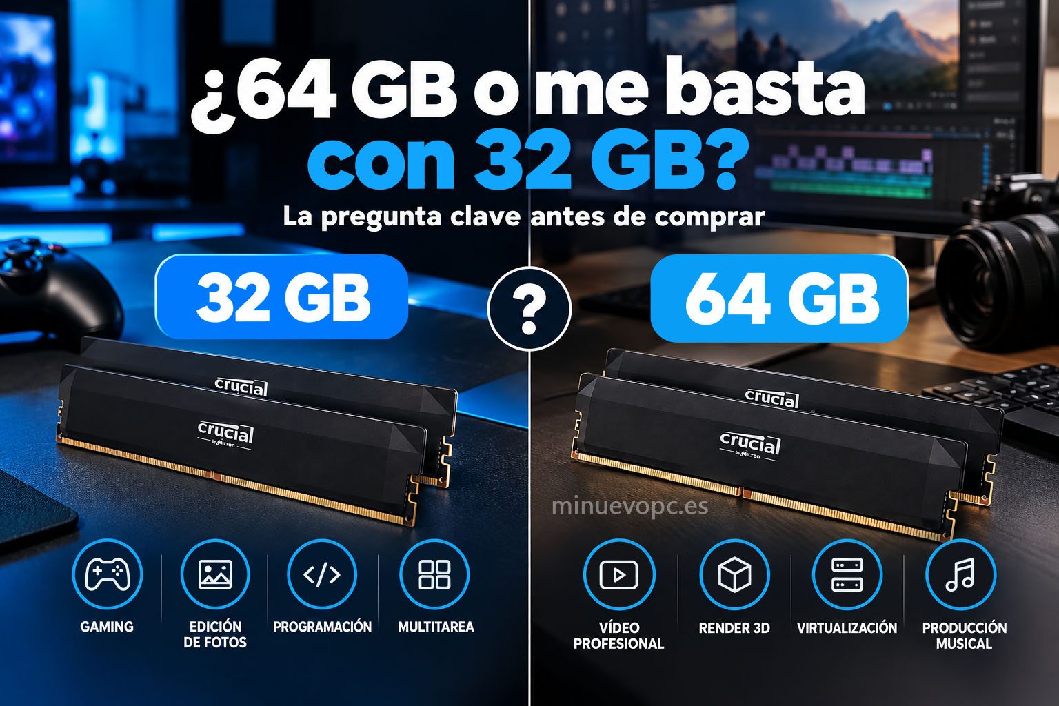 Dos kits de 32 GB y 64 GB comparados para decidir qué memoria RAM comprar según el uso y lograr una buena relación calidad precio