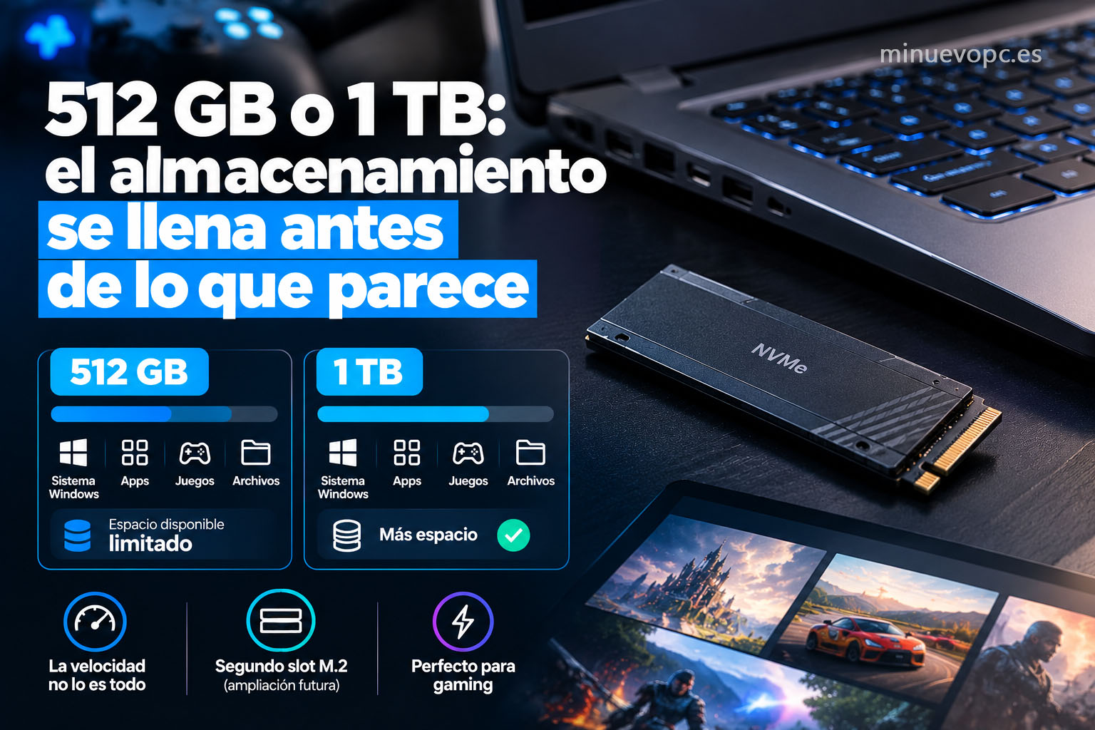 512 GB y 1 TB de almacenamiento en portátiles gaming, mostrando la importancia del espacio disponible y la ampliación