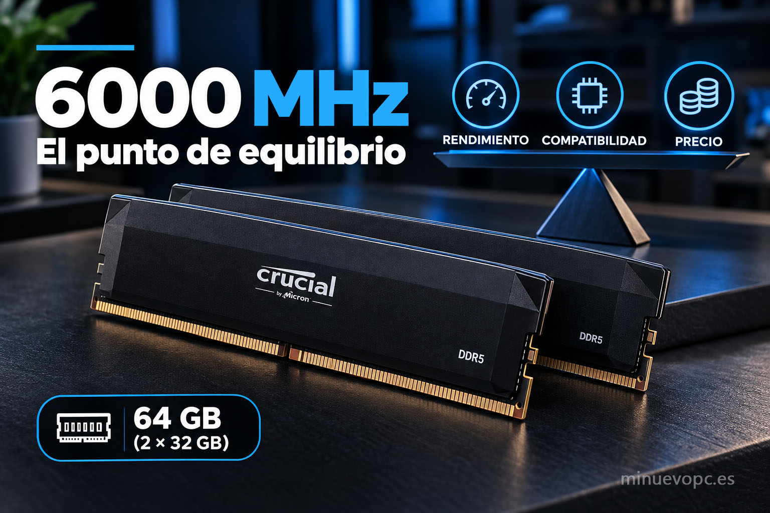 Kit de 64 GB DDR5 a 6000 MHz con balanza visual de rendimiento, compatibilidad y precio