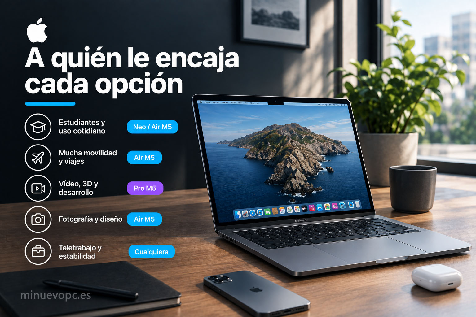 MacBook en un espacio de trabajo con iconos de estudiantes, viajes, diseño y desarrollo para orientar la elección entre los mejores portátiles Apple