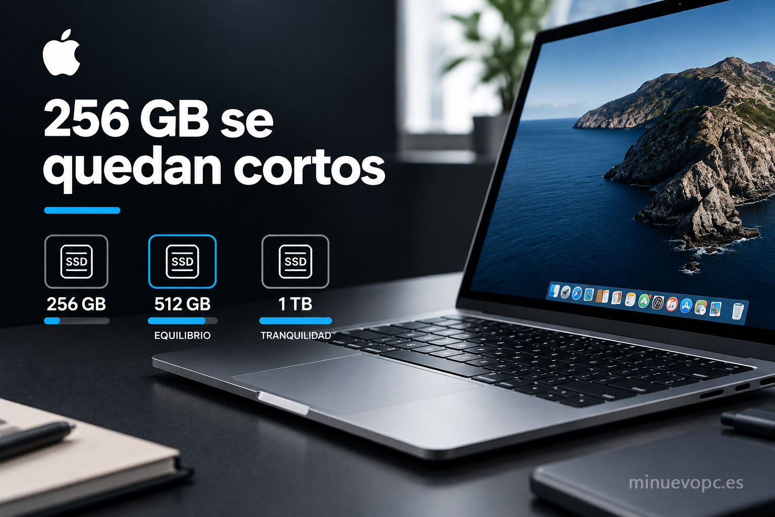 MacBook con almacenamiento SSD de 256 GB, 512 GB y 1 TB, una referencia visual para valorar capacidad y comprar la configuración más adecuada