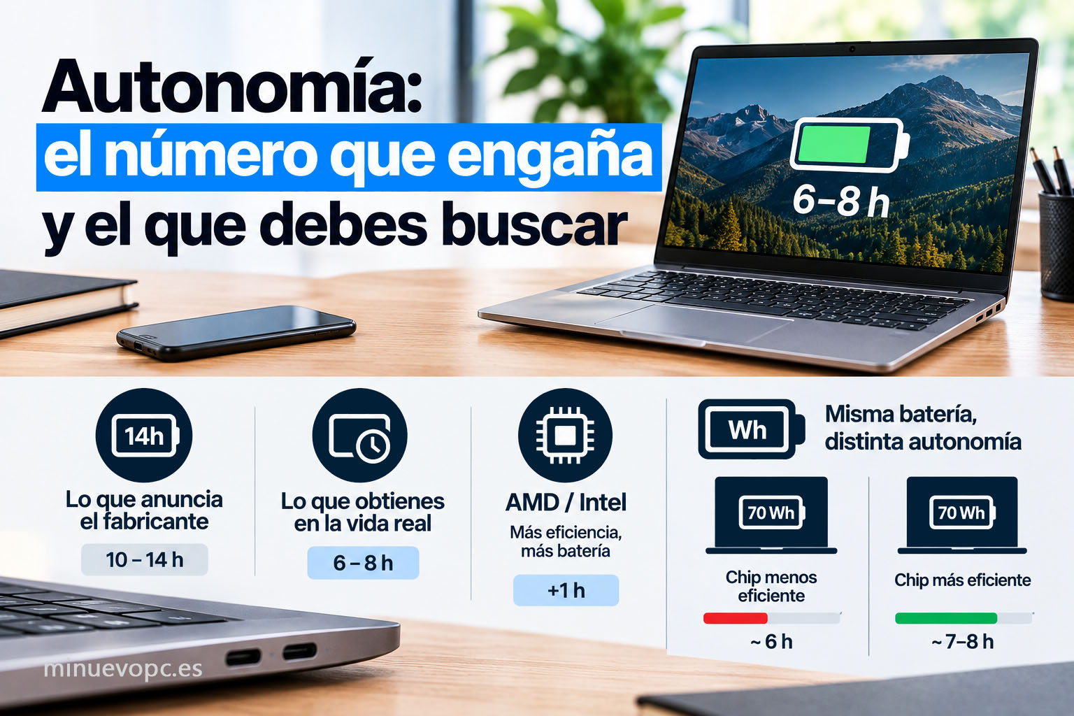 Portátil mostrando la diferencia entre autonomía anunciada y real, con 10-14 horas frente a 6-8 horas y el papel de la eficiencia