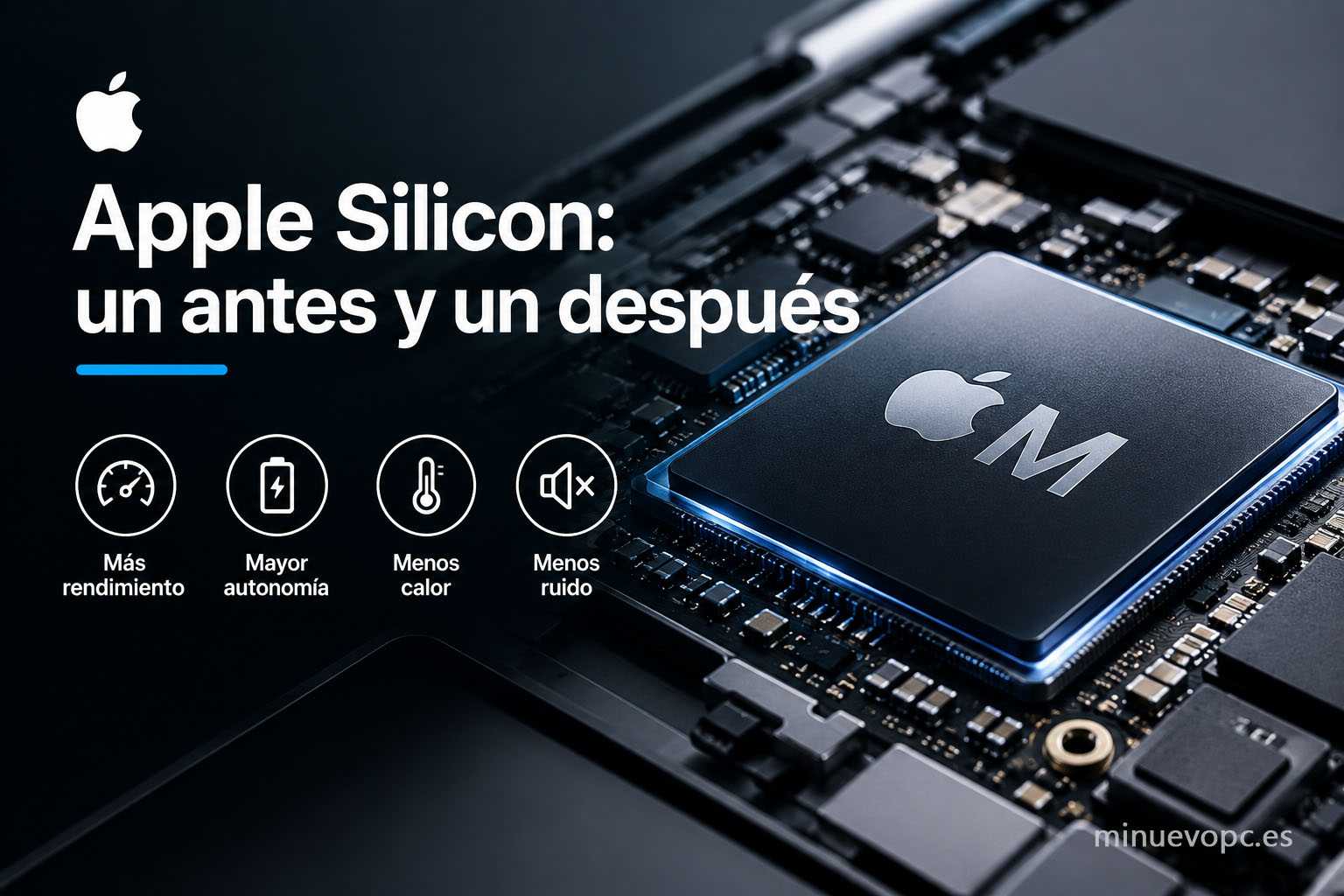 Chip Apple Silicon M en una placa base, símbolo de rendimiento, autonomía y menor consumo en los portátiles Mac