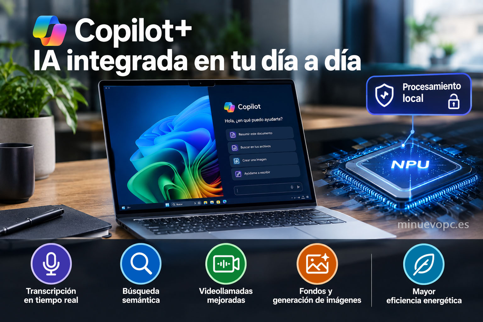 Portátil Copilot+ junto a un chip NPU iluminado, con funciones de IA como transcripción, búsqueda semántica y videollamadas mejoradas