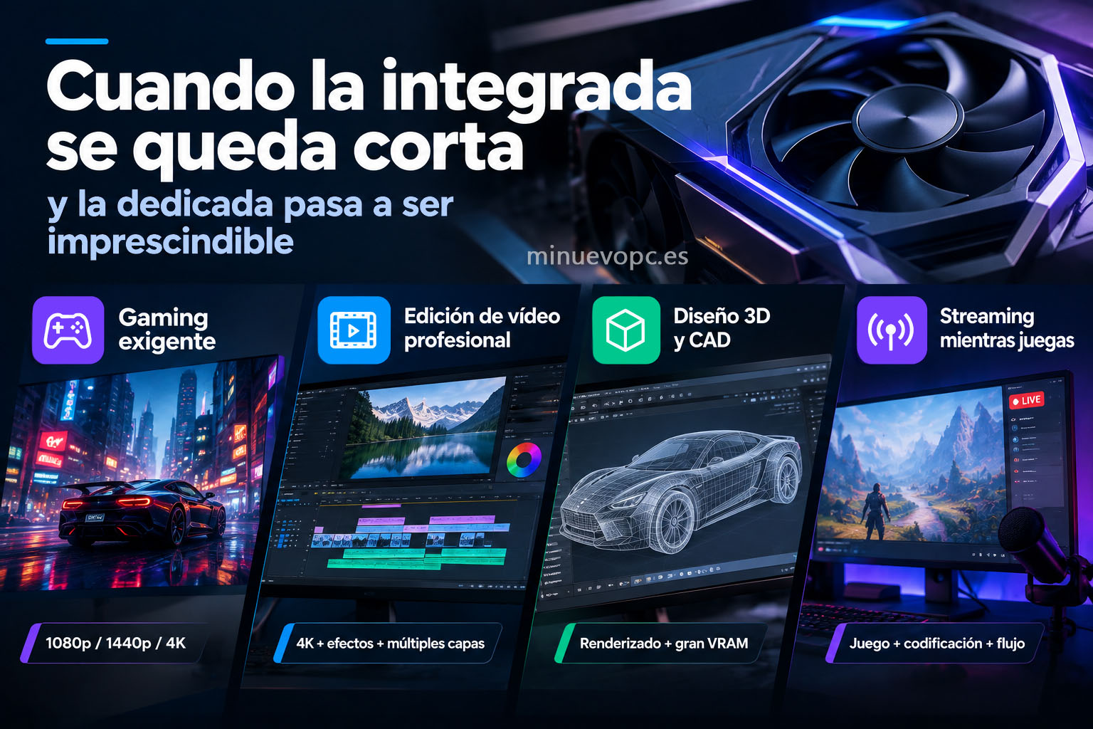 Una GPU en primer plano acompaña iconos de gaming, edición, 3D y streaming para mostrar cuándo la gráfica integrada se queda corta