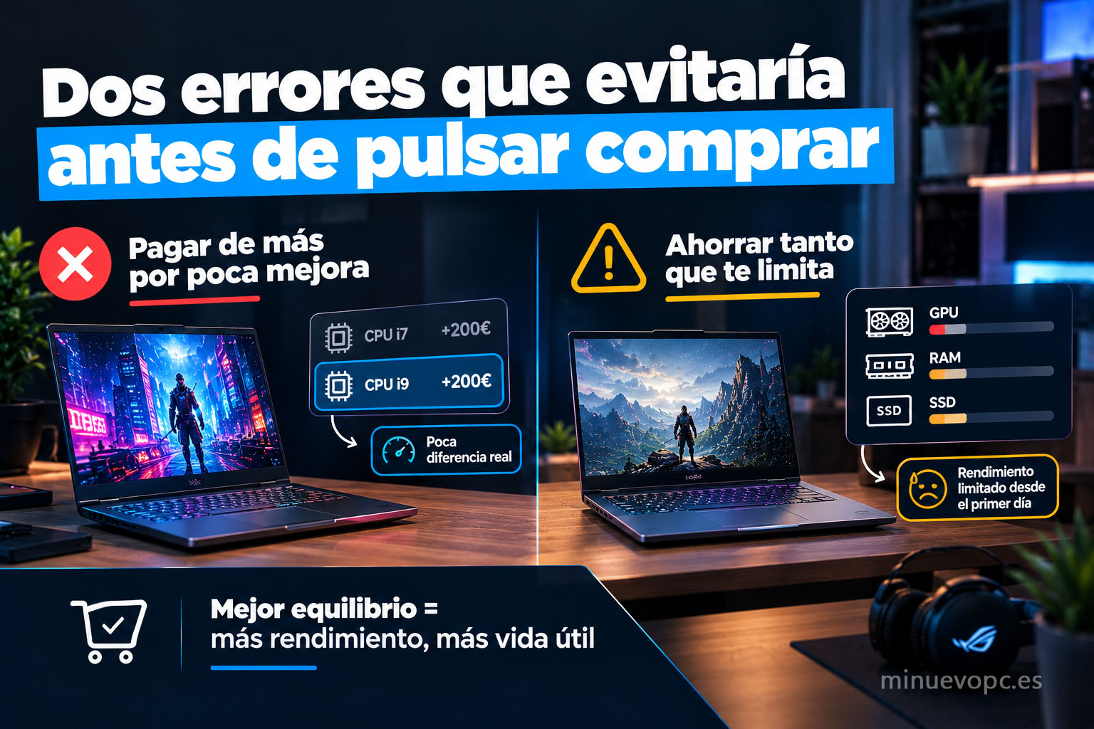 Infografía sobre dos errores al comprar un portátil gaming: pagar demasiado por una mejora pequeña o ahorrar tanto que el equipo se quede corto