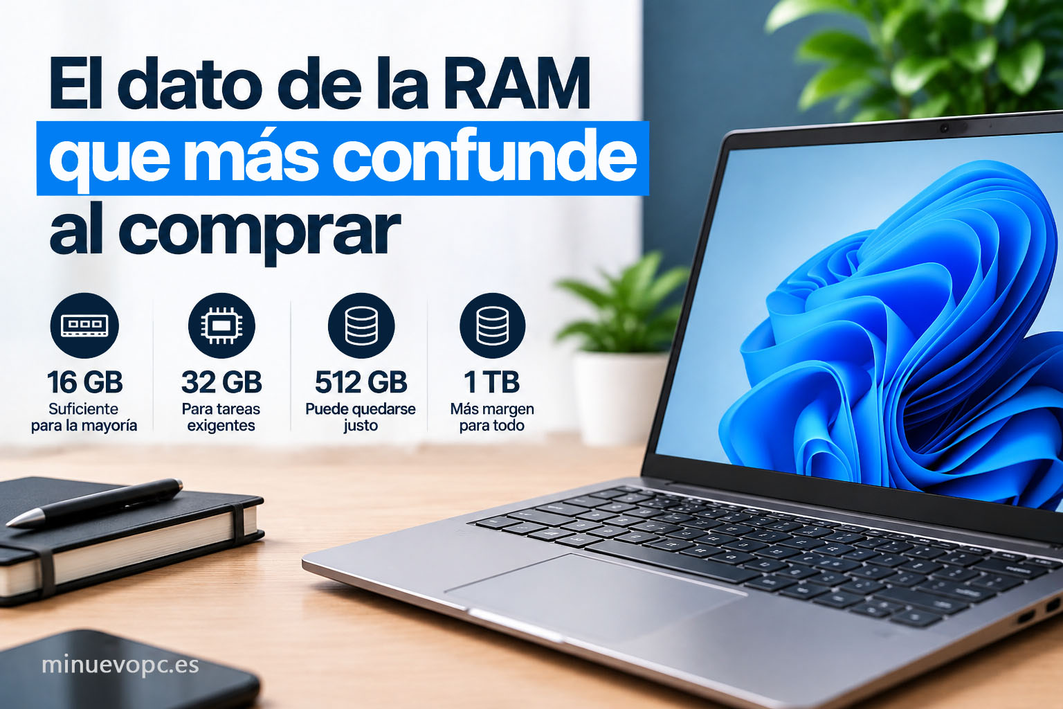 Comparativa visual de RAM y almacenamiento en portátiles de 15 pulgadas, con 16 y 32 GB y SSD de 512 GB o 1 TB para elegir mejor