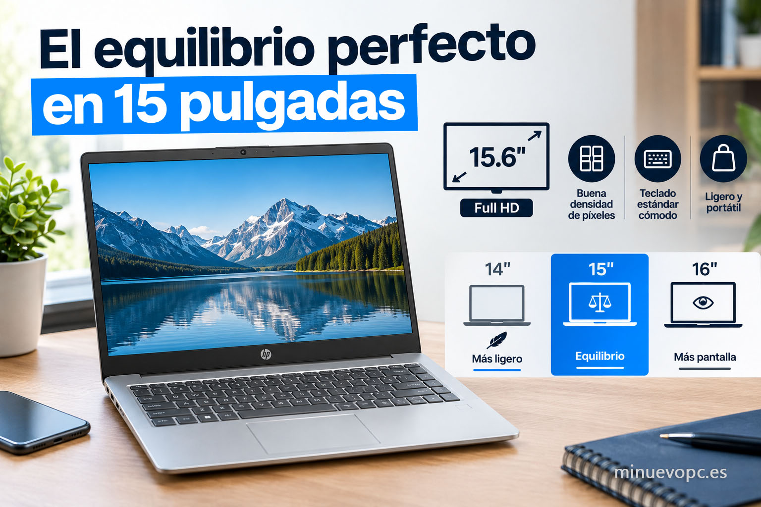 Portátil de 15 pulgadas sobre un escritorio, con pantalla Full HD e iconos que muestran su equilibrio entre movilidad y espacio de trabajo