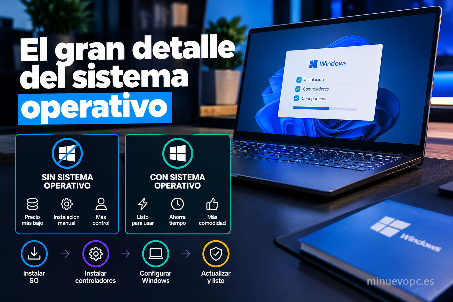 Portátil gaming acompañado de elementos visuales de Windows para explicar la diferencia entre comprarlo con sistema operativo o instalarlo después