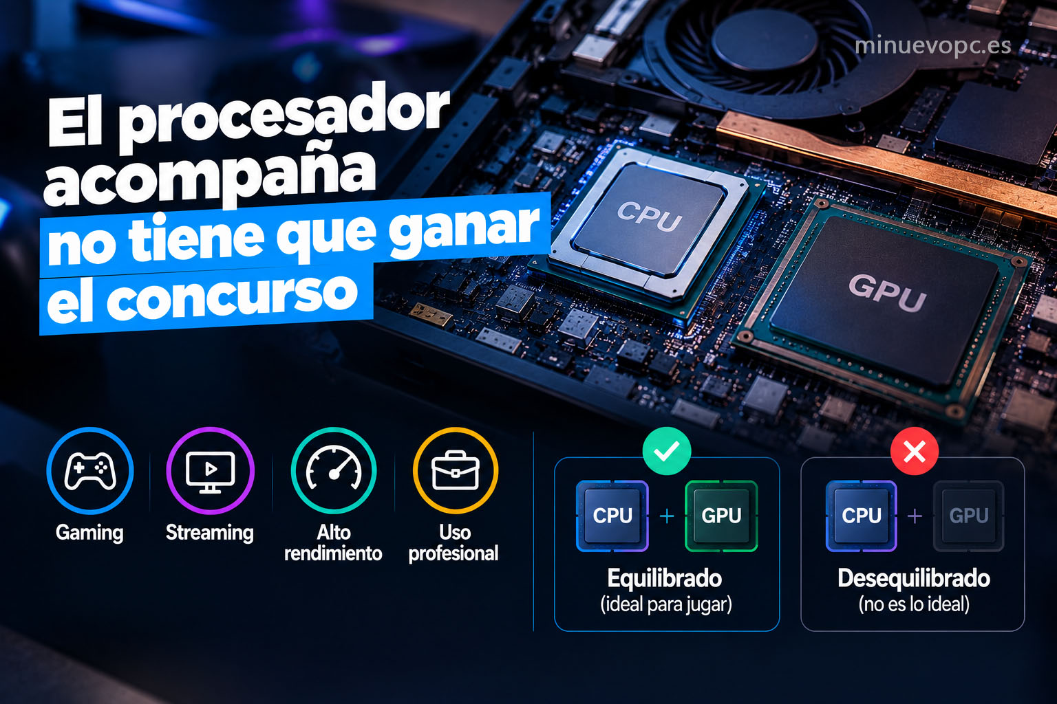 Escena editorial que muestra la CPU como complemento de la GPU en un portátil gaming, destacando la importancia de equilibrar potencia y precio