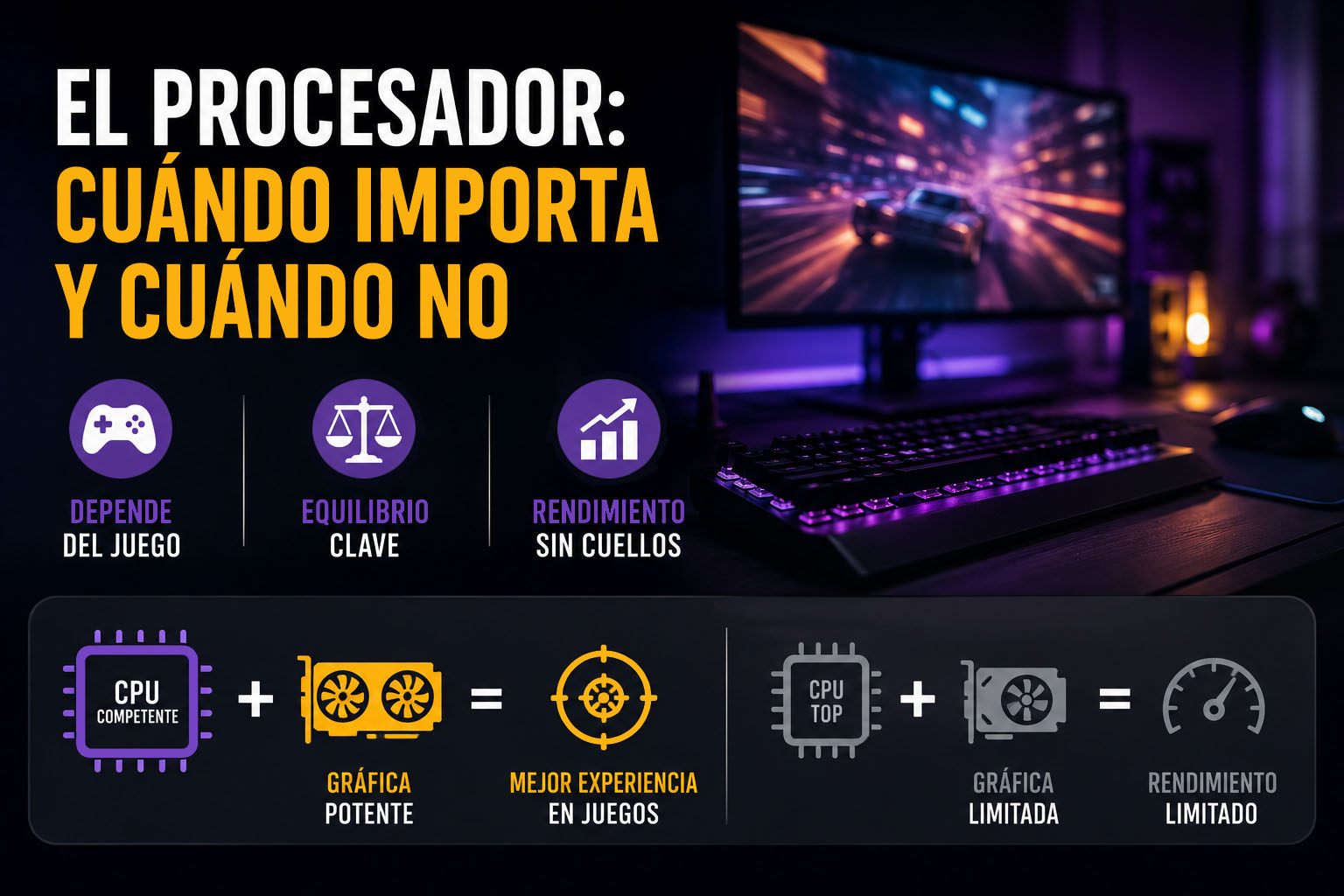 Procesador en un escritorio gaming con monitor al fondo, mostrando el equilibrio entre CPU y gráfica para jugar mejor