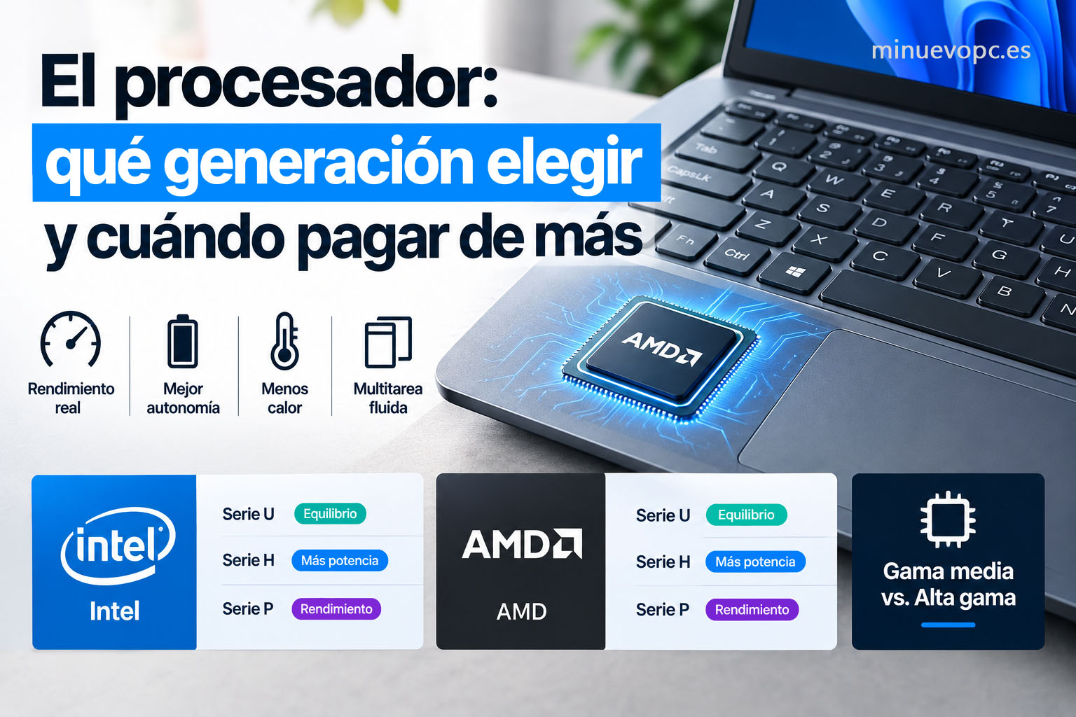 Primer plano del procesador AMD en un portátil, con gráficos sobre rendimiento, autonomía y temperatura para elegir calidad precio al comprar