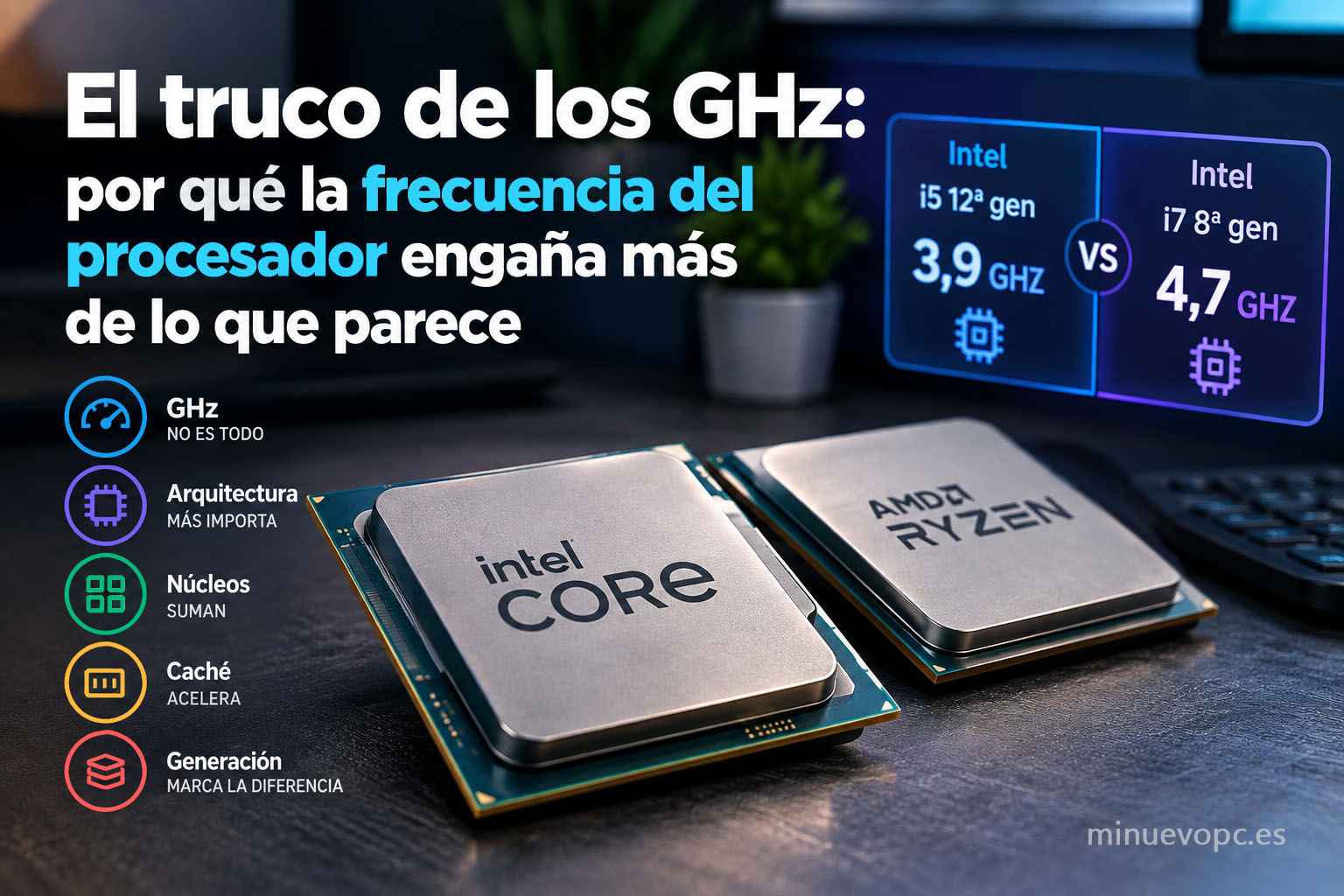 Procesadores Intel Core y AMD Ryzen junto a una comparativa de GHz y generaciones