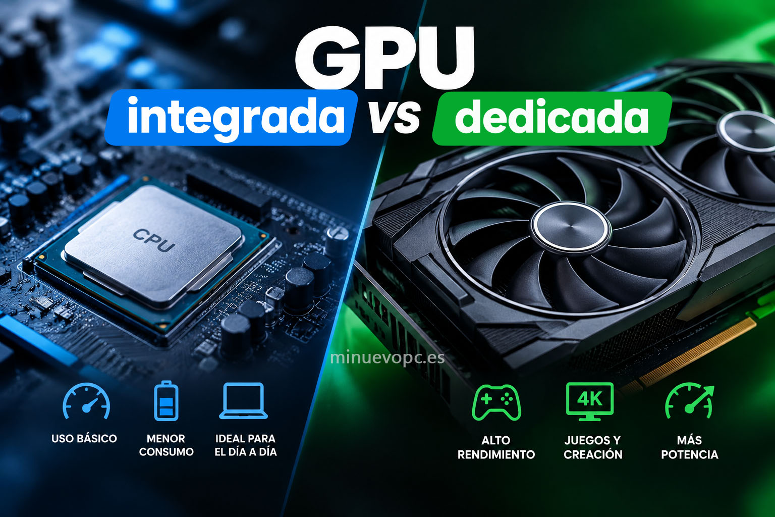 GPU integrada vs dedicada representadas en una escena tecnológica, con componentes gráficos y recursos visuales que resumen sus diferencias