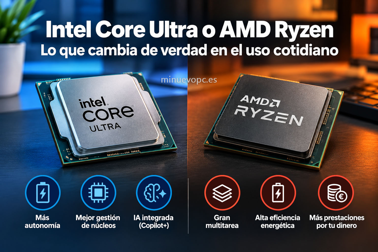 Dos procesadores Intel Core Ultra y AMD Ryzen sobre un escritorio, con iconos de autonomía, multitarea y eficiencia para elegir con calidad precio y rendimiento