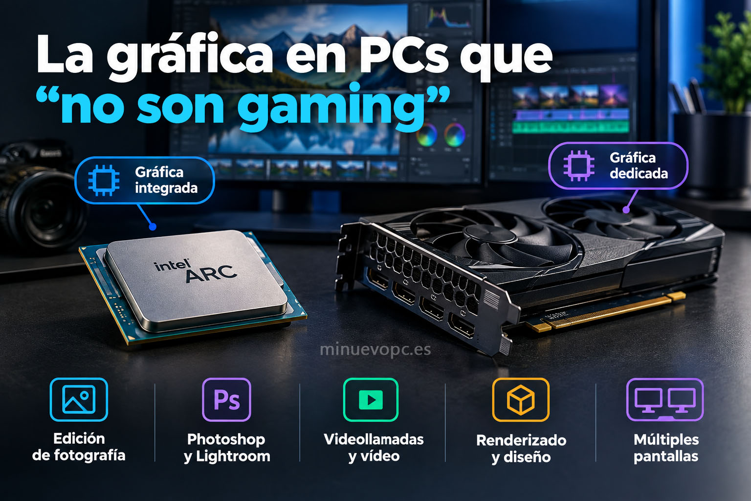 Un chip Intel Arc y una tarjeta gráfica dedicada junto a monitores de edición, mostrando usos de la GPU más allá del gaming
