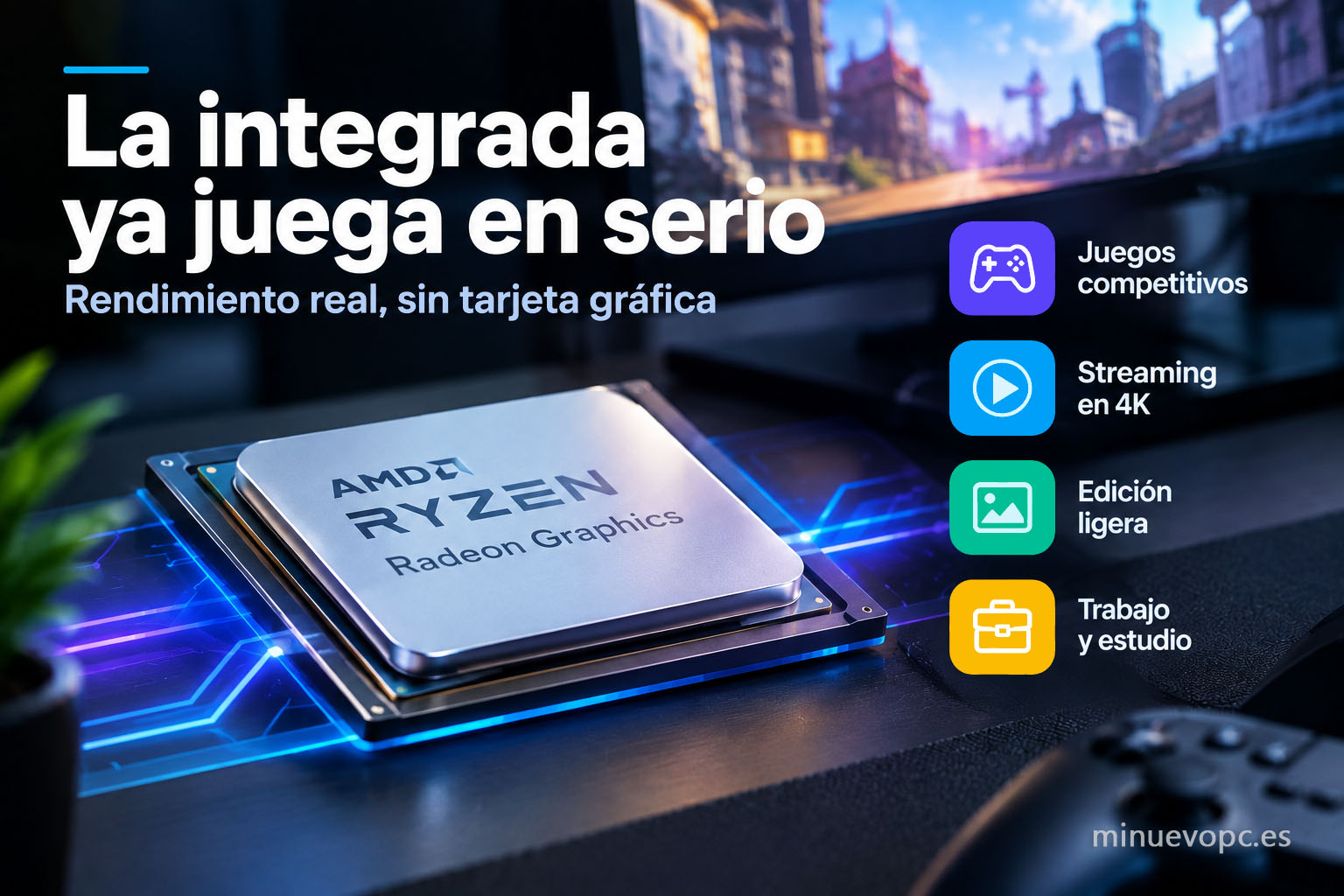 Un chip gráfico y rutas de memoria ilustran la RAM compartida y la VRAM propia, claves para entender integrada y dedicada