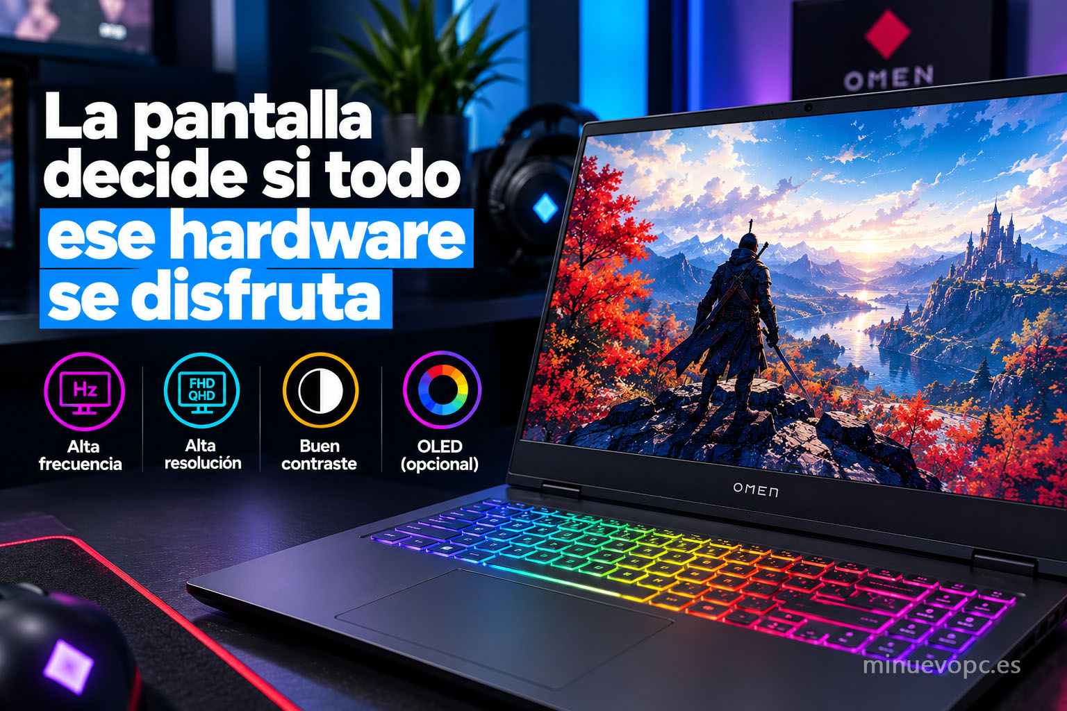 Detalle cercano de la pantalla de un portátil gaming mostrando una escena de juego, con énfasis en refresco, resolución y calidad de imagen