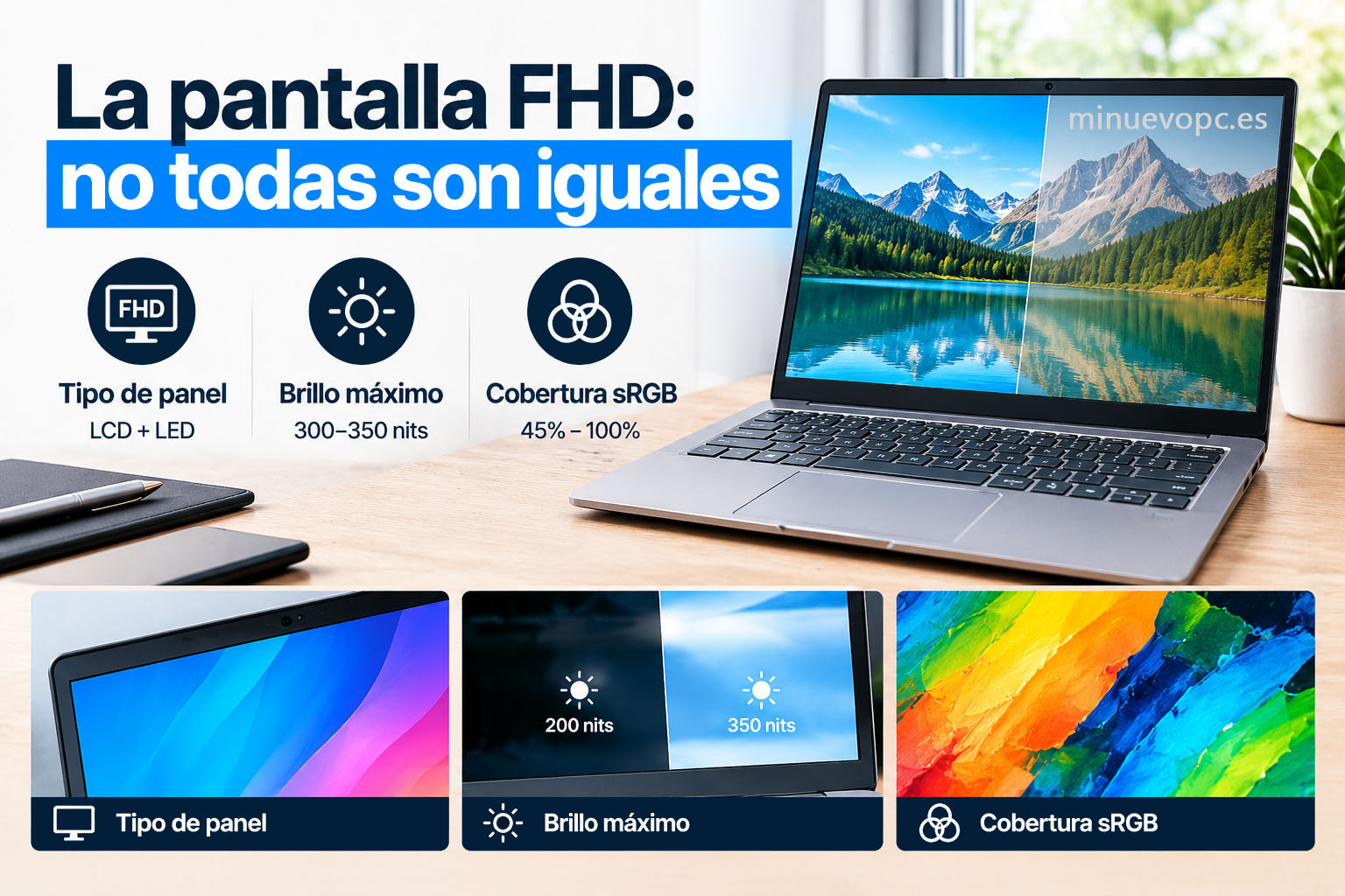 Pantalla FHD de portátil con ejemplos de brillo y cobertura sRGB, una referencia clave para comprar