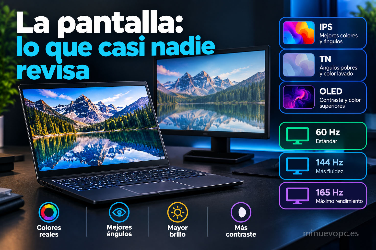 Portátil y monitor mostrando diferencias entre paneles IPS, TN y OLED y frecuencias de 60, 144 y 165 Hz para elegir mejor