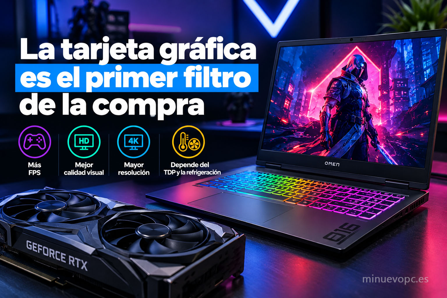 Portátil gaming acompañado de una representación visual de la GPU, destacando su importancia para comparar FPS, potencia gráfica y relacion calidad-precio