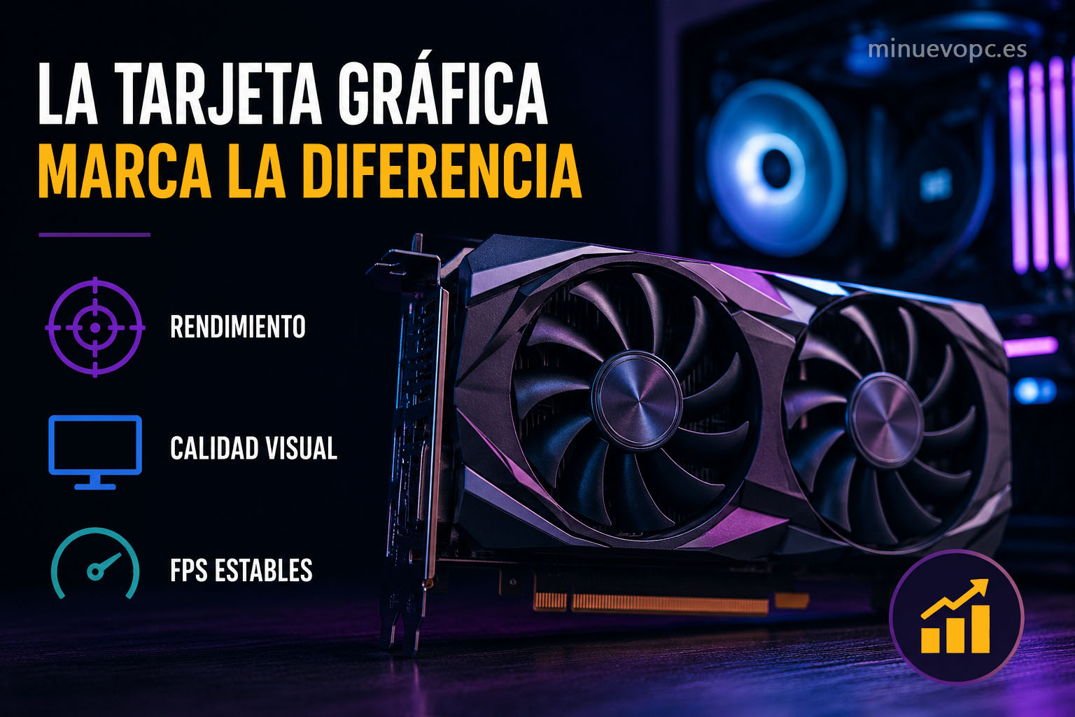 Tarjeta gráfica gaming de doble ventilador junto a indicadores de rendimiento, calidad visual y FPS estables en 1080p