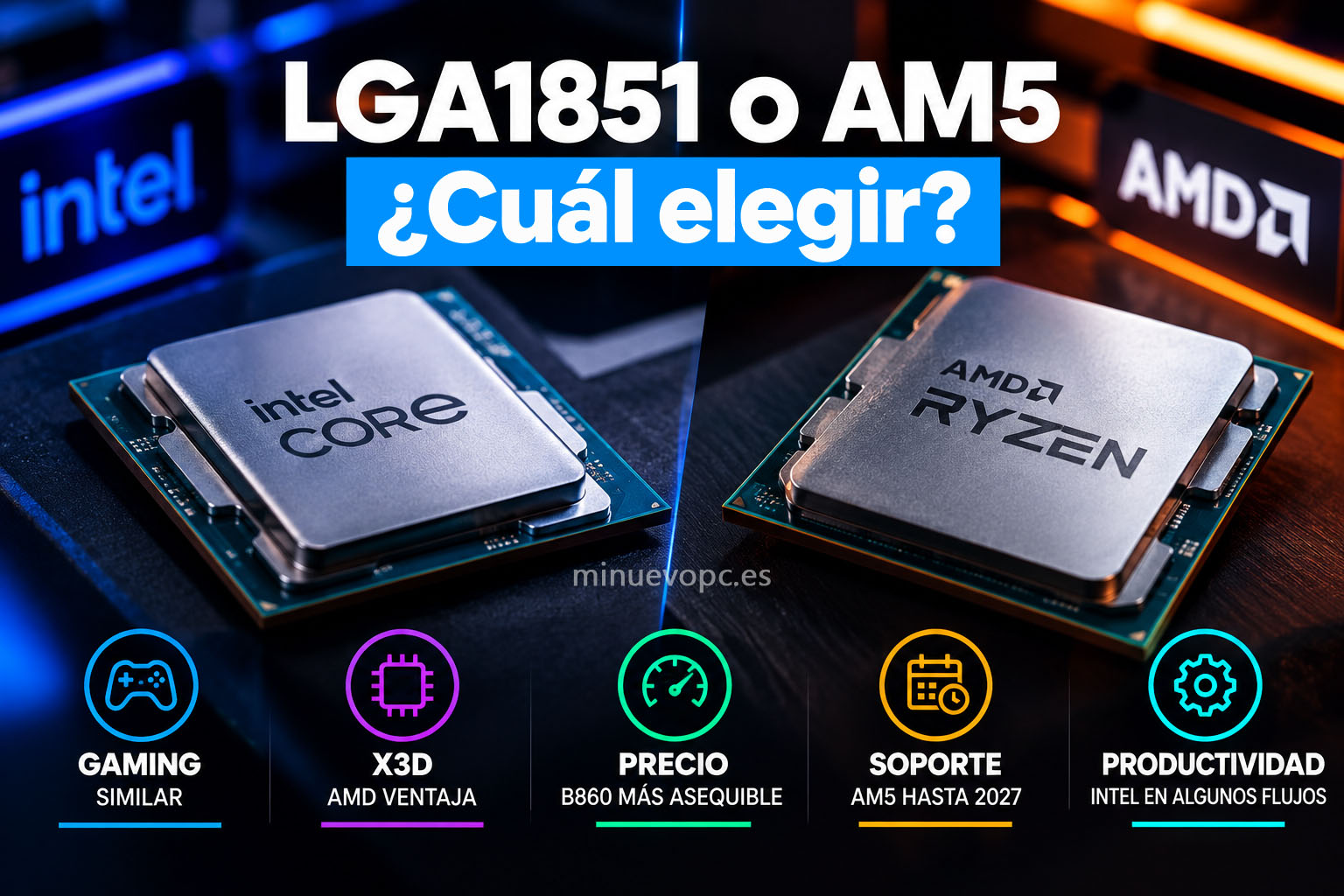 Procesadores Intel LGA1851 y AMD Ryzen AM5 enfrentados en una comparativa visual para elegir plataforma
