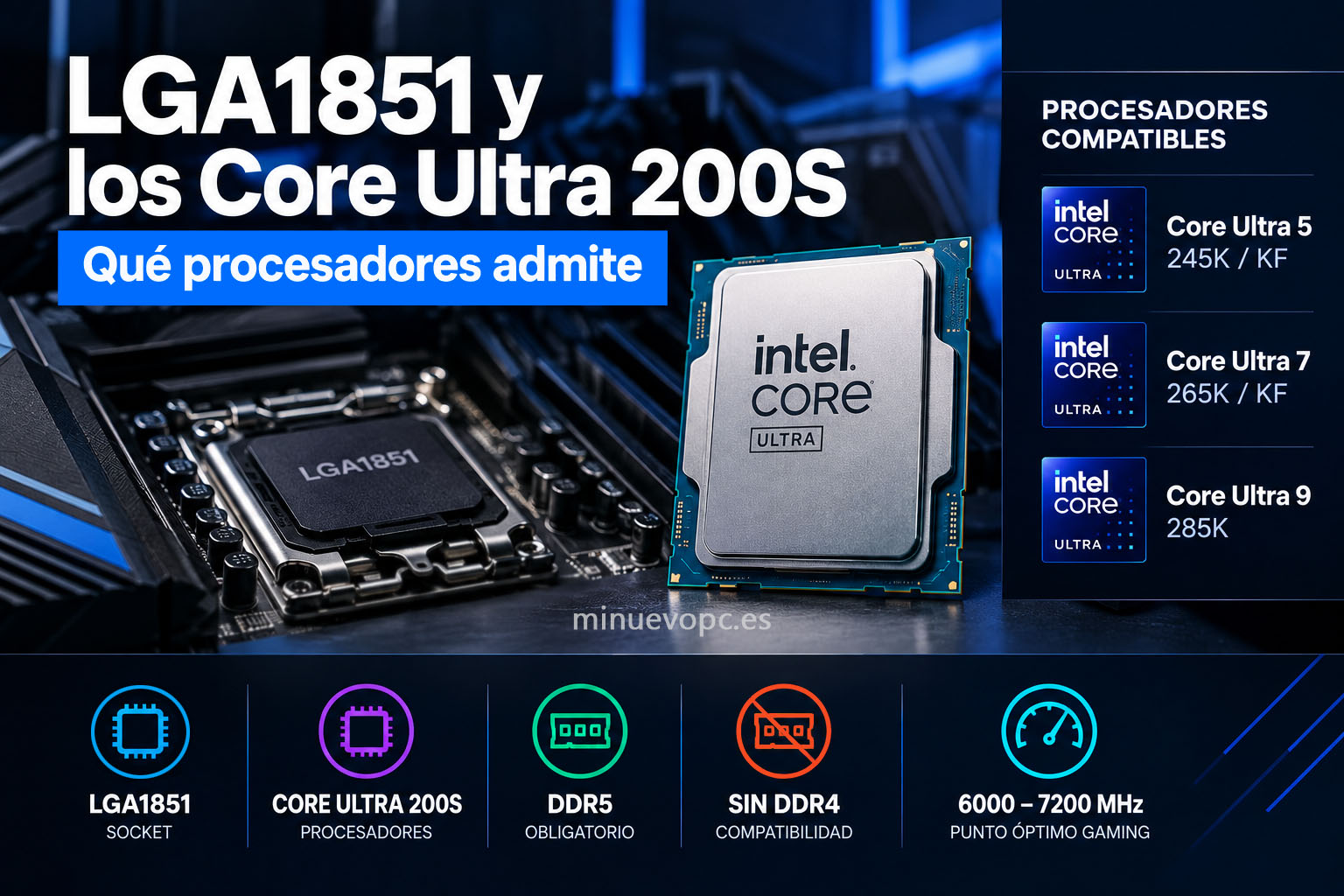 Detalle del socket LGA1851 junto a un Intel Core Ultra 200S sobre una placa base, con DDR5 y modelos compatibles para elegir y comprar con seguridad ahora mismo